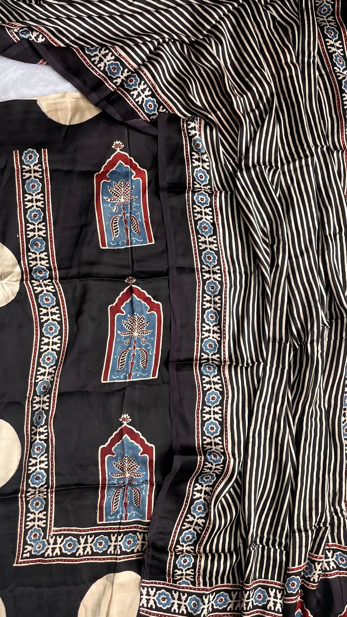 Black Jharokha and Circle Buta Print Modal Silk Ajrakh Natural Dyed Hand Block Print 2pc Suit Material Set
