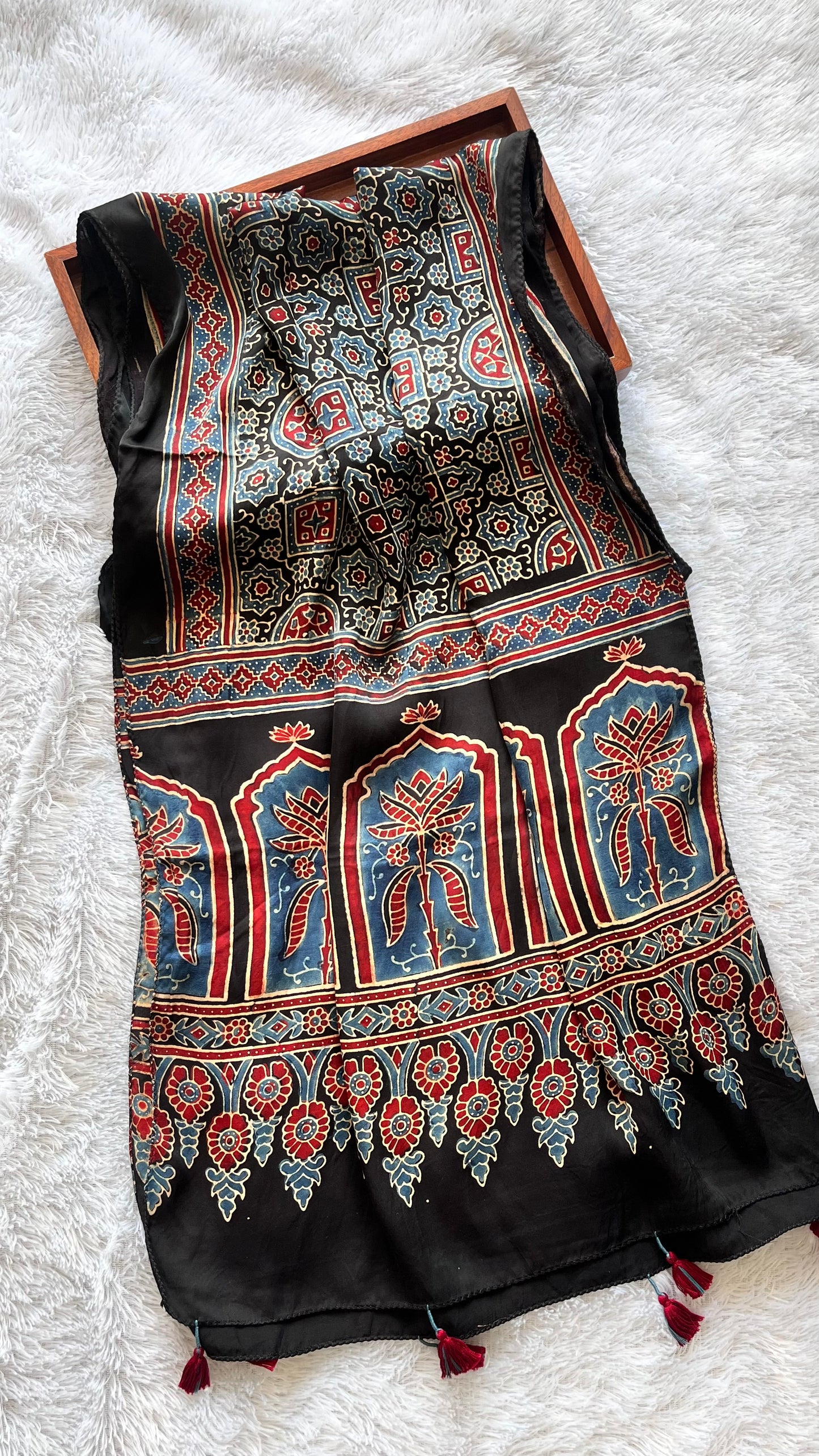 Black Grid Motif Booti Ajrakh Hand Block Print Modal Silk Stole with Tassels