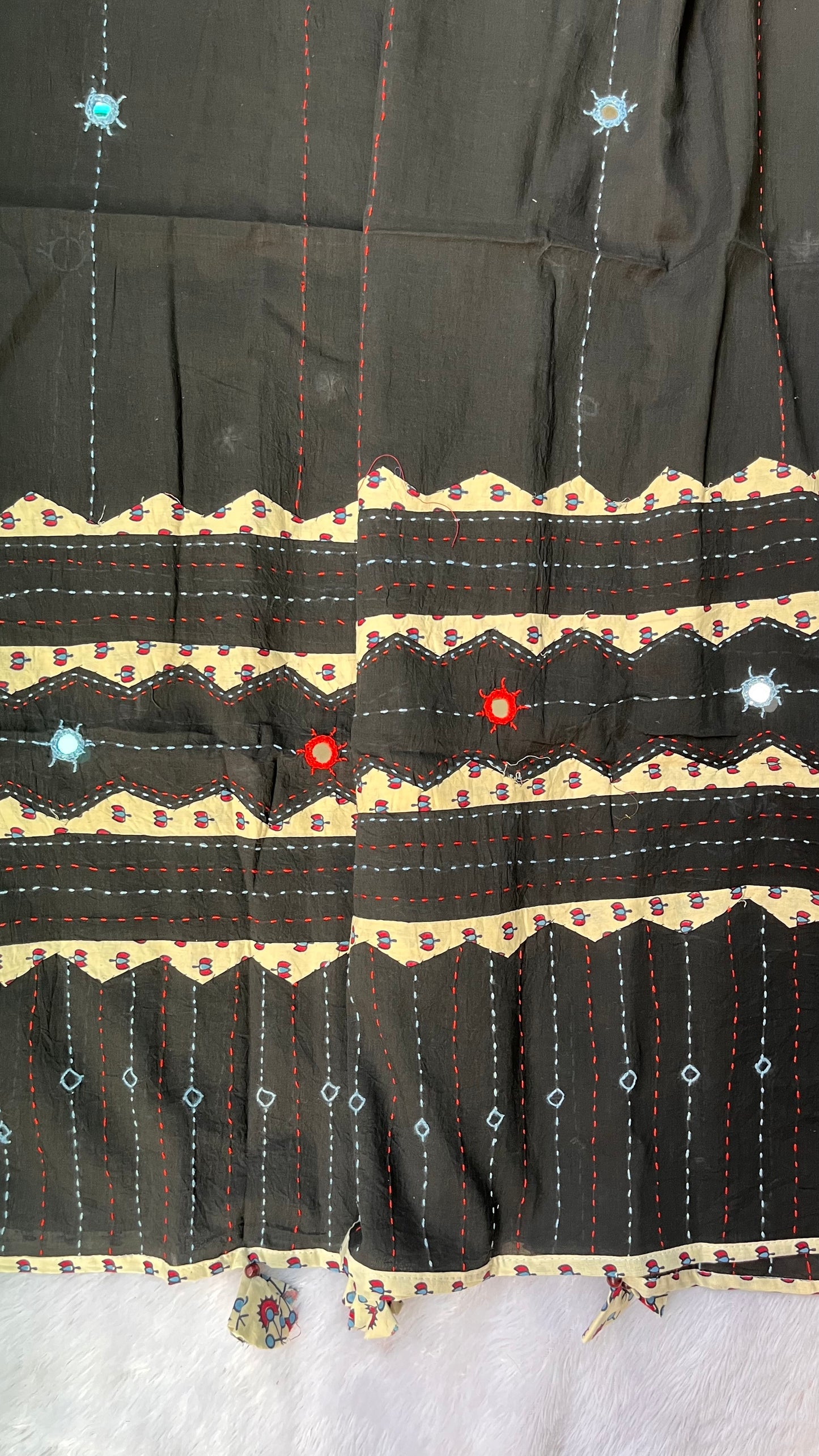 Black With Off White Ajrakh Applique Patchwork Cotton Dupatta with Mirror Work