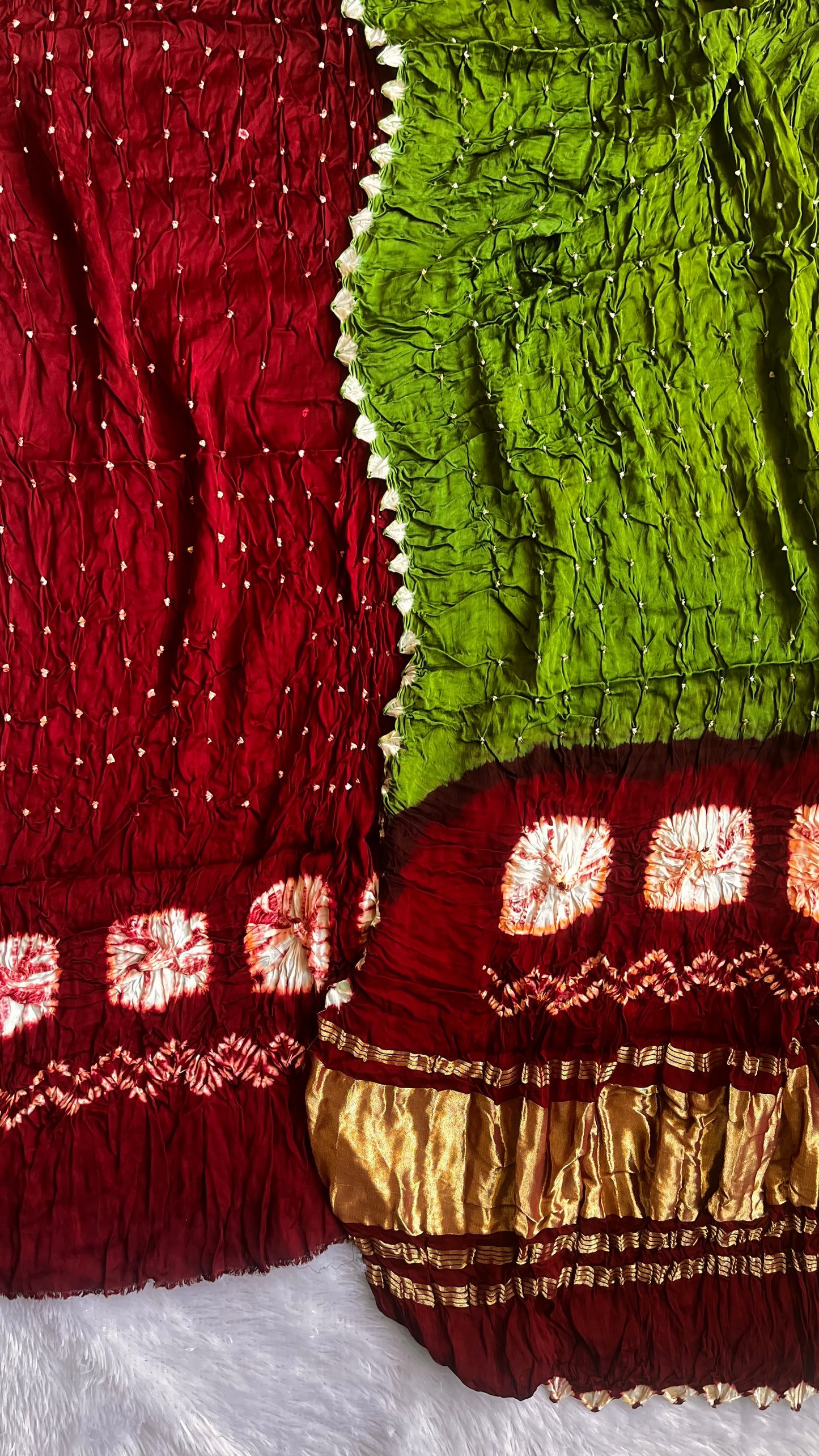 Maroon and Green Bandhej Natural Dyed Hand Block Print 2pc Suit Material Set with Lagdi Patti Dupatta