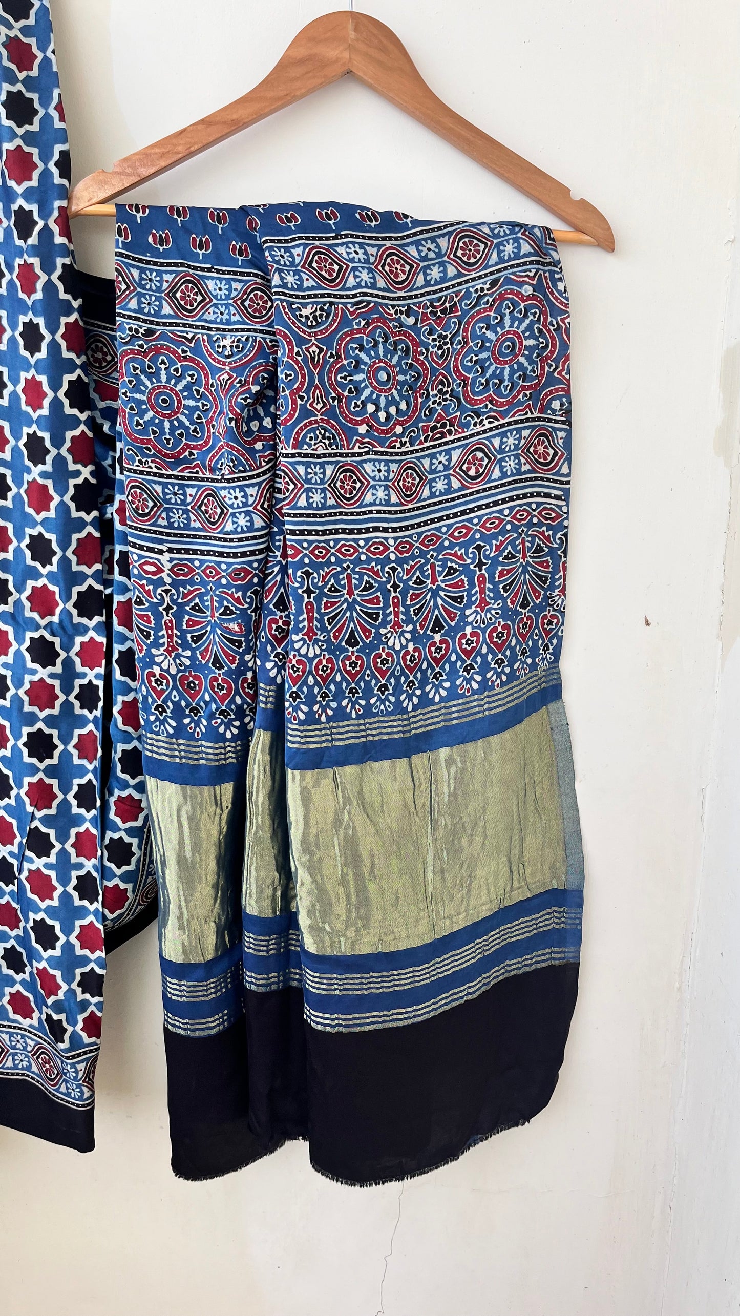 Indigo HoneyComb Ajrakh Hand Block Natural Dye Modal Silk Lagdi Patti Saree With Blouse