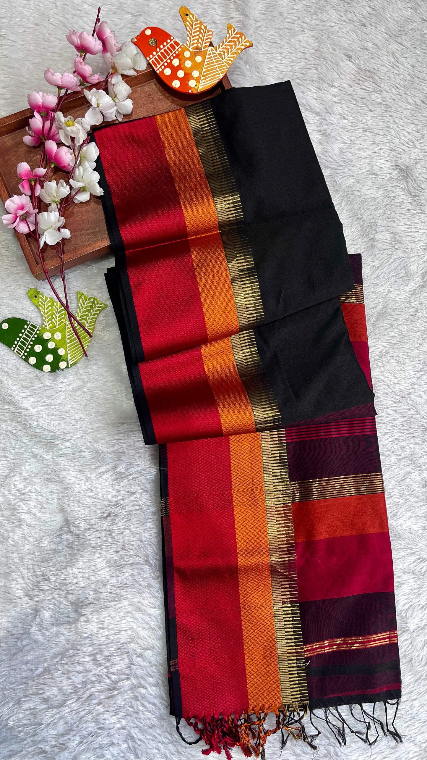 Black with Dazzling Red Zari Border Handwoven Maheshwari Silk Saree