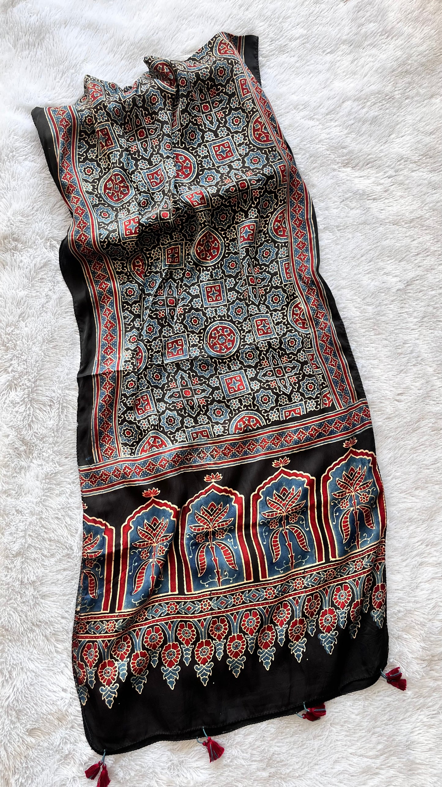 Black Grid Motif Booti Ajrakh Hand Block Print Modal Silk Stole with Tassels