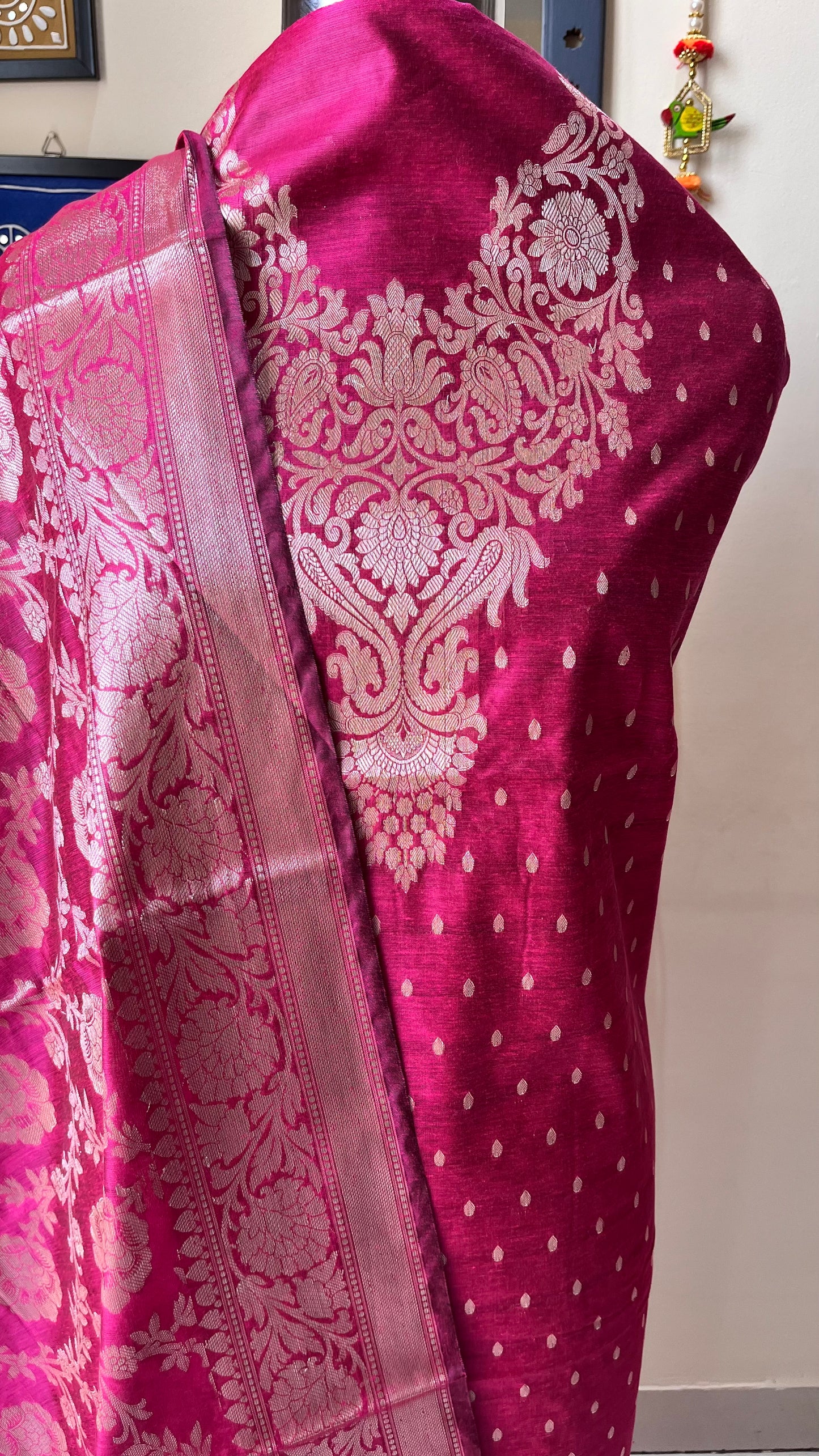 Pataka Pink Shade Banarasi Silk Cotton 3-Piece Suit with Banarasi Woven Yoke & Dupatta