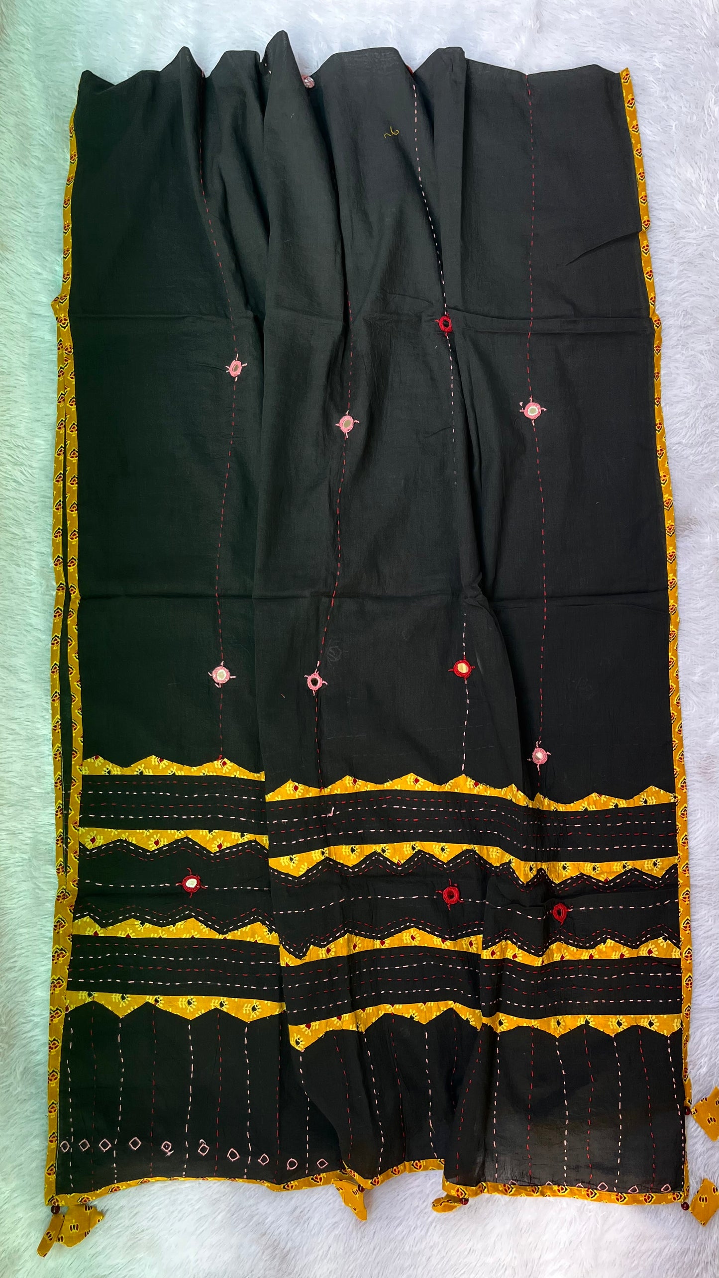 Black and Yellow Ajrakh Applique Patchwork Cotton Dupatta with Mirror Work