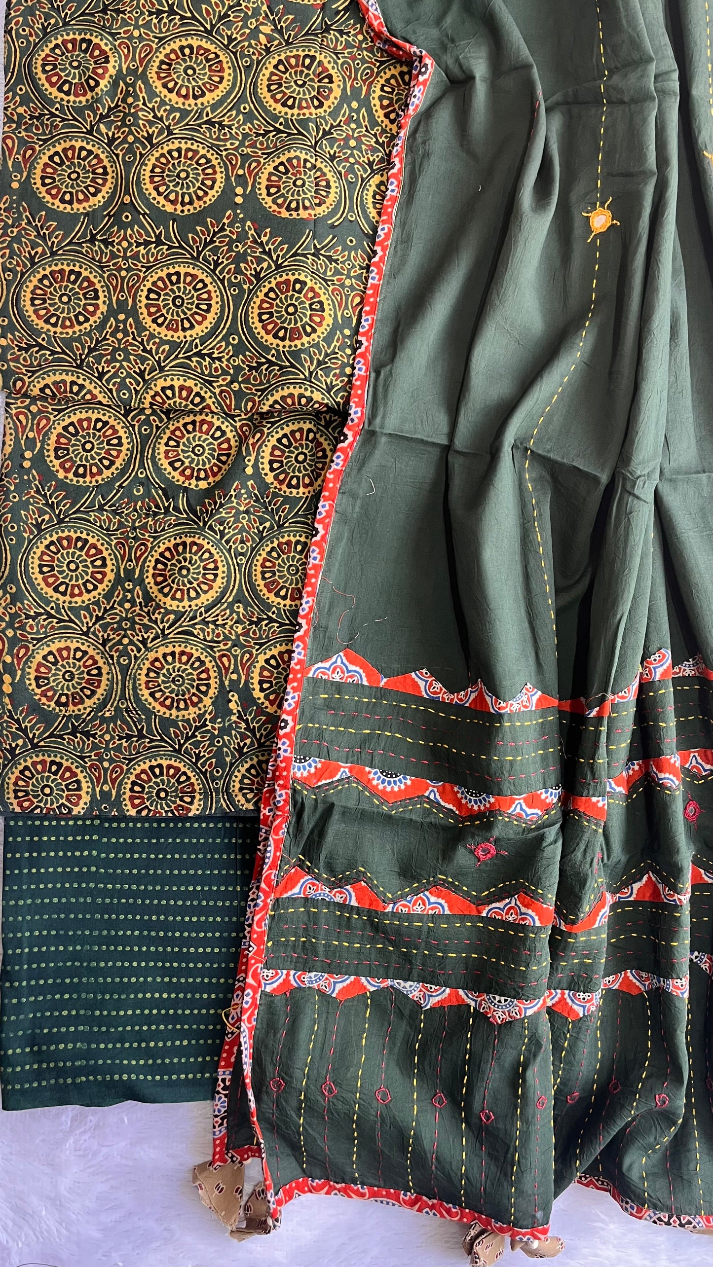 Green Jaal Buti Ajrakh Unstitched Suit Set with Cotton Applique Work Dupatta