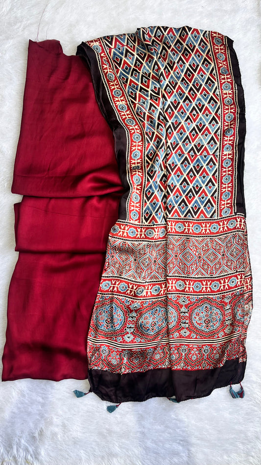 Maroon Solid Shade Modal Silk 2 pc Suit Set with Matching Grid Buta Modal Silk Stole