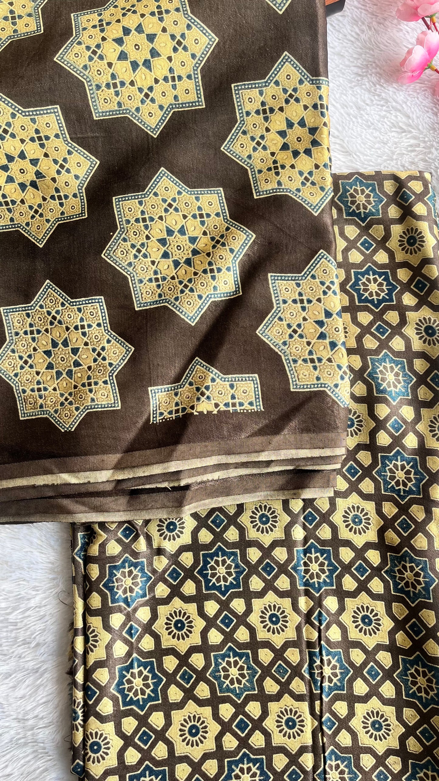 Coffee Brown Star Motif Ajrakh Mashru Silk Kurta Pant Fabric