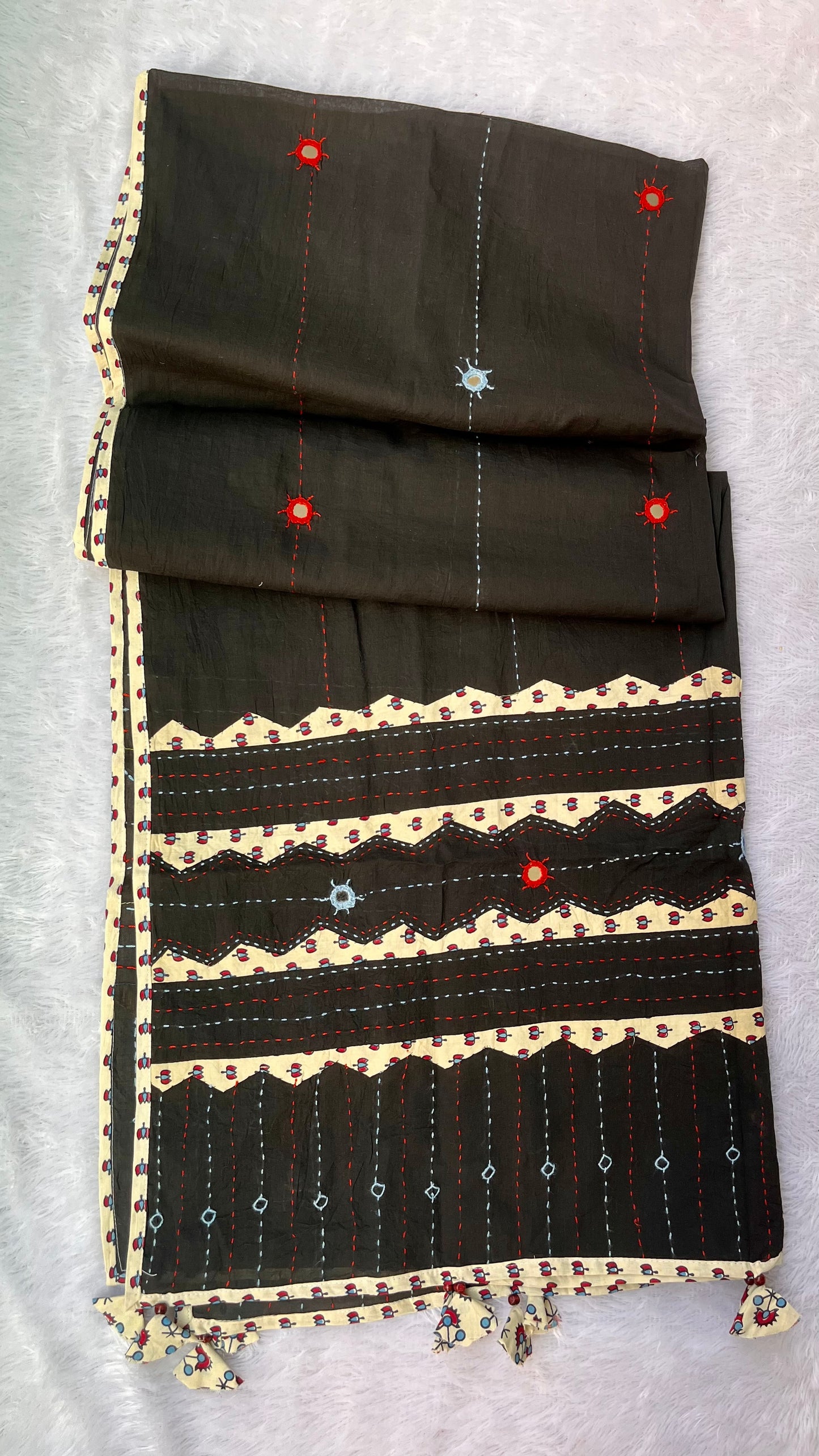 Black With Off White Ajrakh Applique Patchwork Cotton Dupatta with Mirror Work