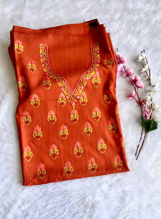 Caramel Shade Pure Cotton Kashmiri Aari Embroidered Co Ord 2 pc Set