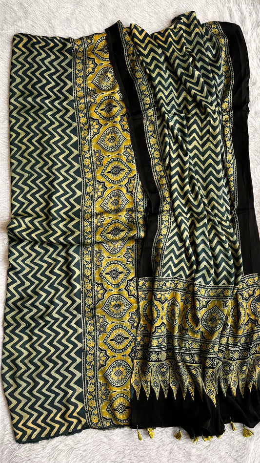 Indigo Zigzag and Badaam Buti Modal Silk Hand Block Print 2pc Suit Material Set