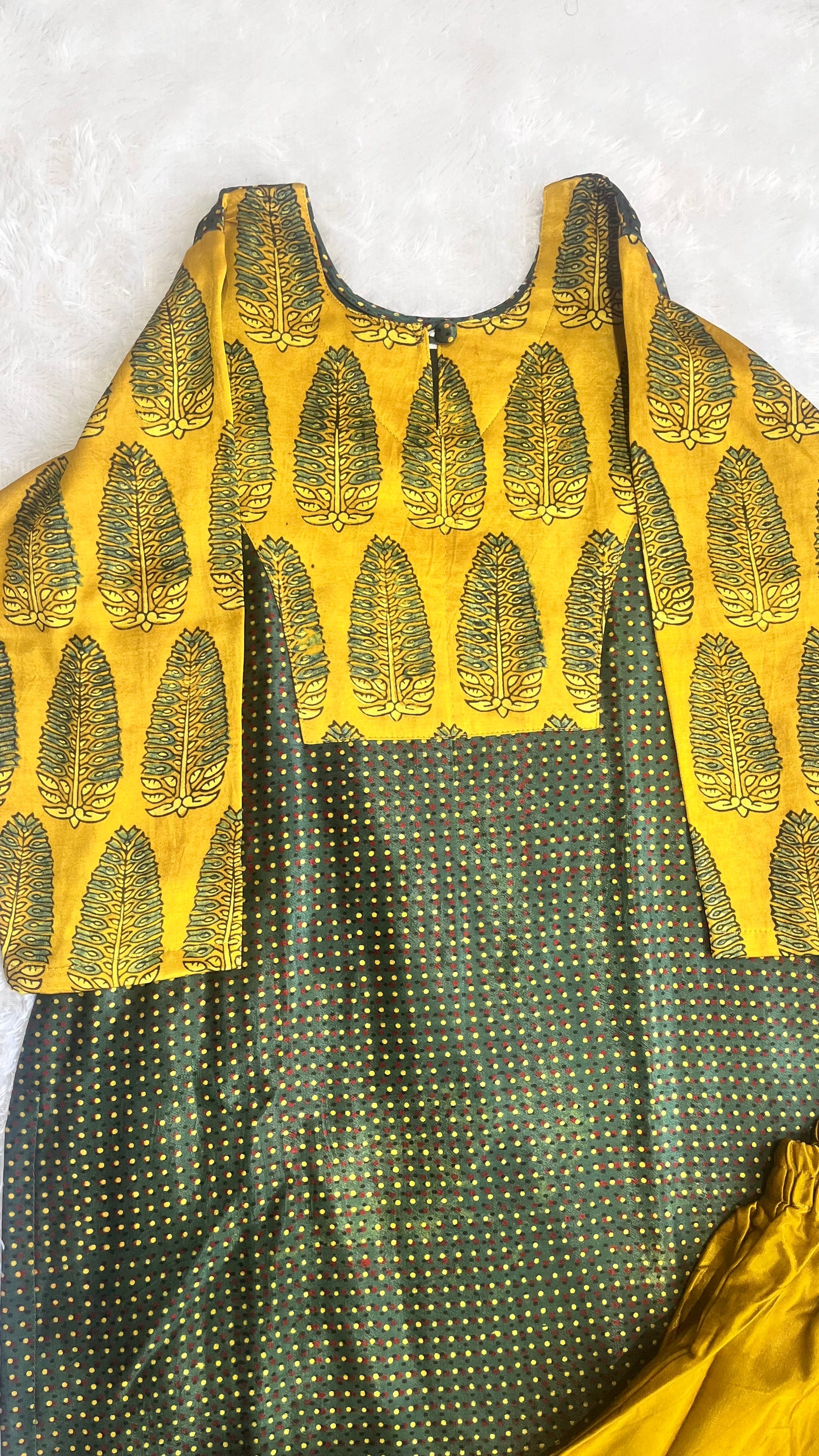 Green and Yellow Mashru Silk Ajrakh Hand Block Print Kurta Pant Set