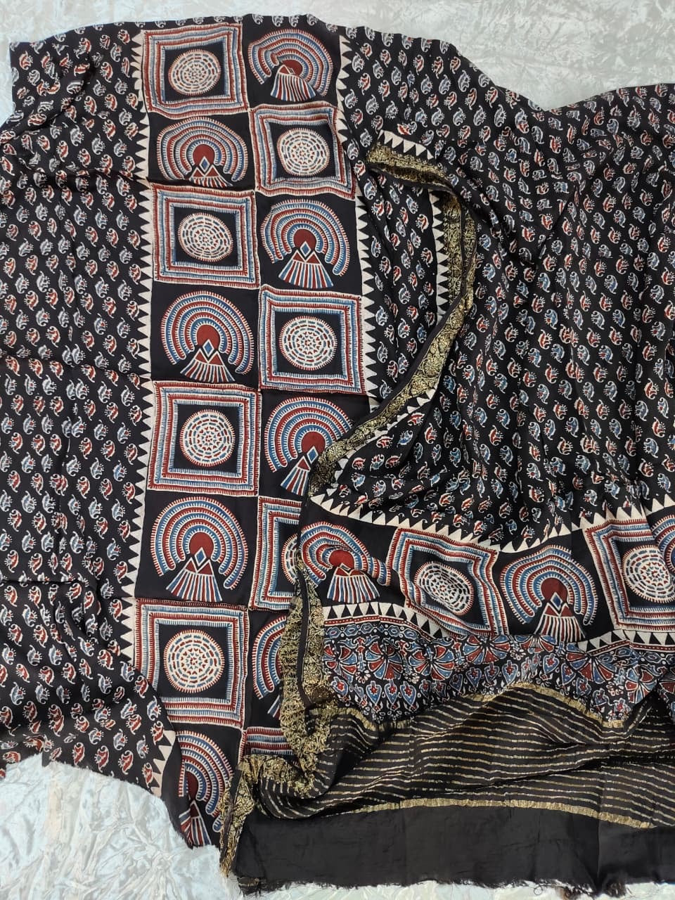 Black Abstract Motif Modal Silk Ajrakh Natural Dyed Hand Block Print 2pc Suit Material Set with Dola Silk Dupatta