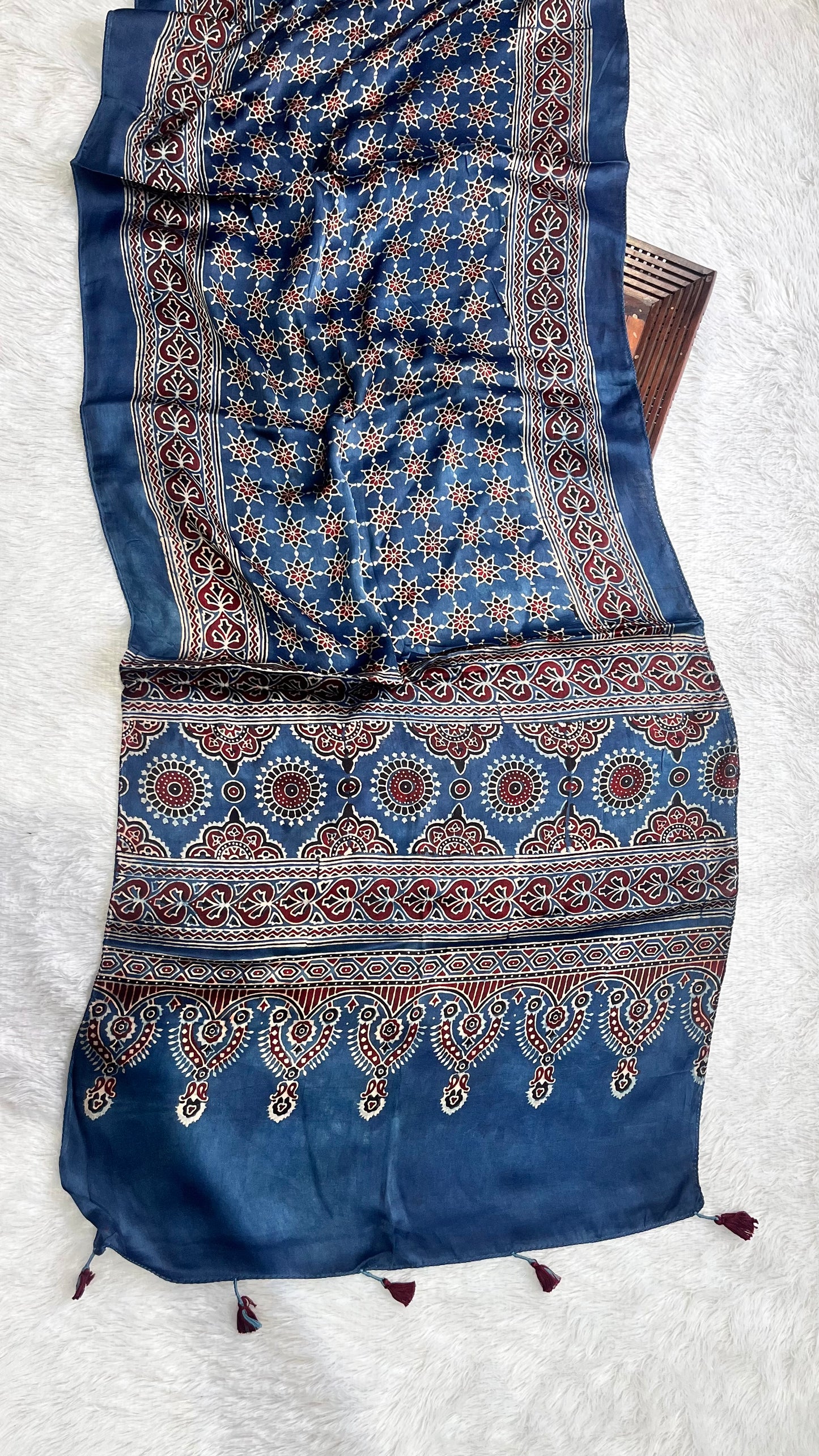 Blue Grid Motif Ajrakh Hand Block Print Modal Silk Stole with Tassels