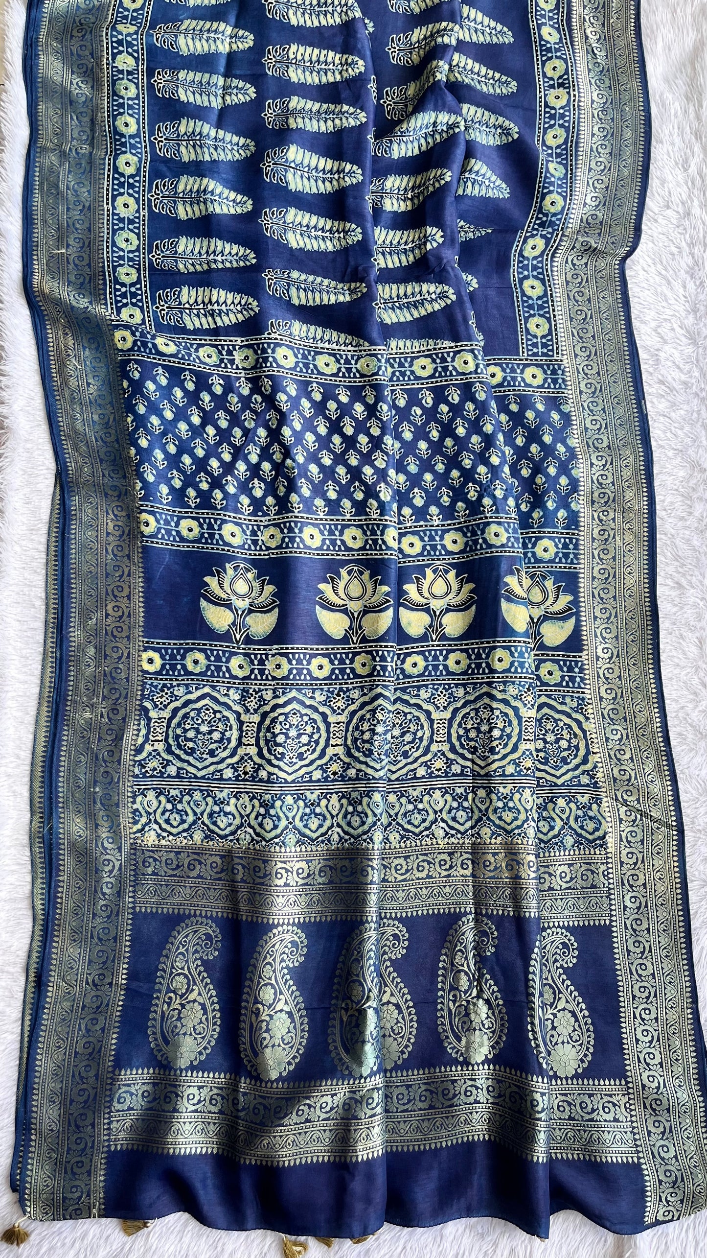 Indigo Asopallav Buta Motif Ajrakh Hand Block Dola Silk Saree with Zari Pallu (With Blouse)