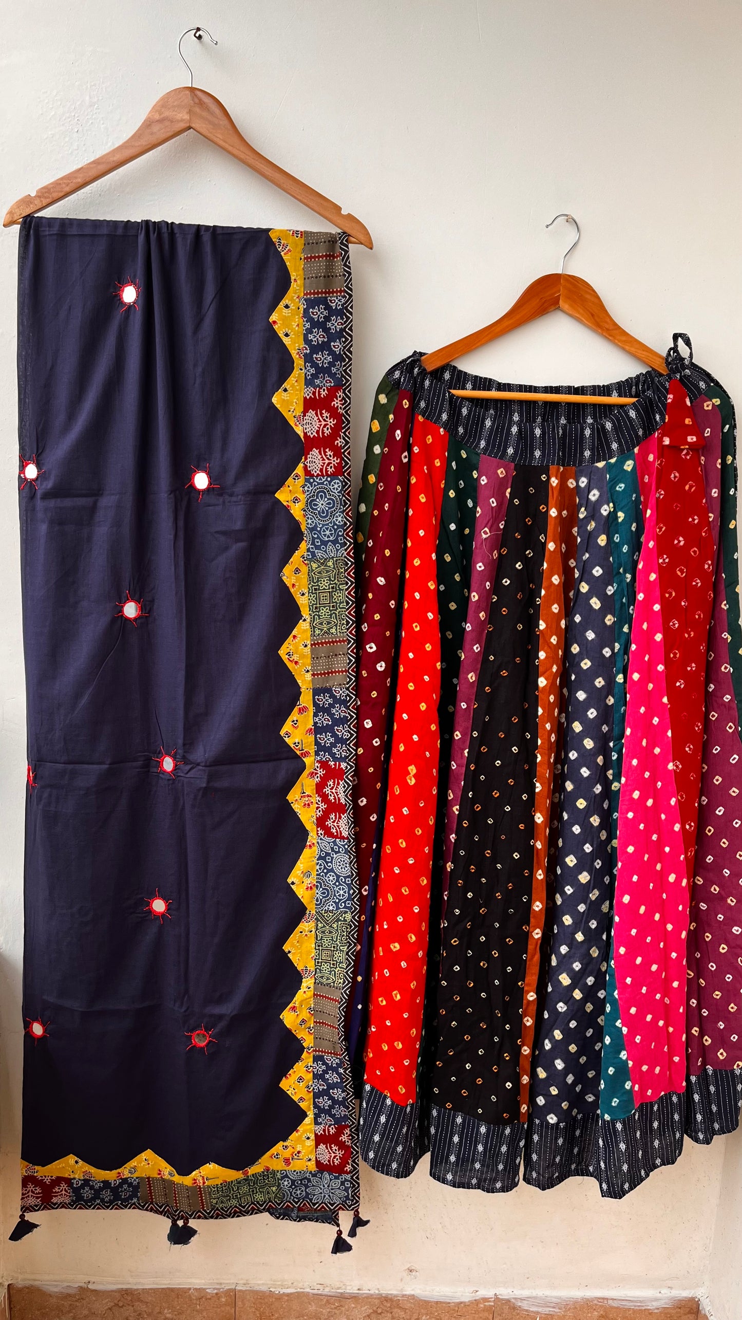 Multicolour Gherdaar Kali Cotton Long Flared Skirt with Blue Applique Patchwork Dupatta