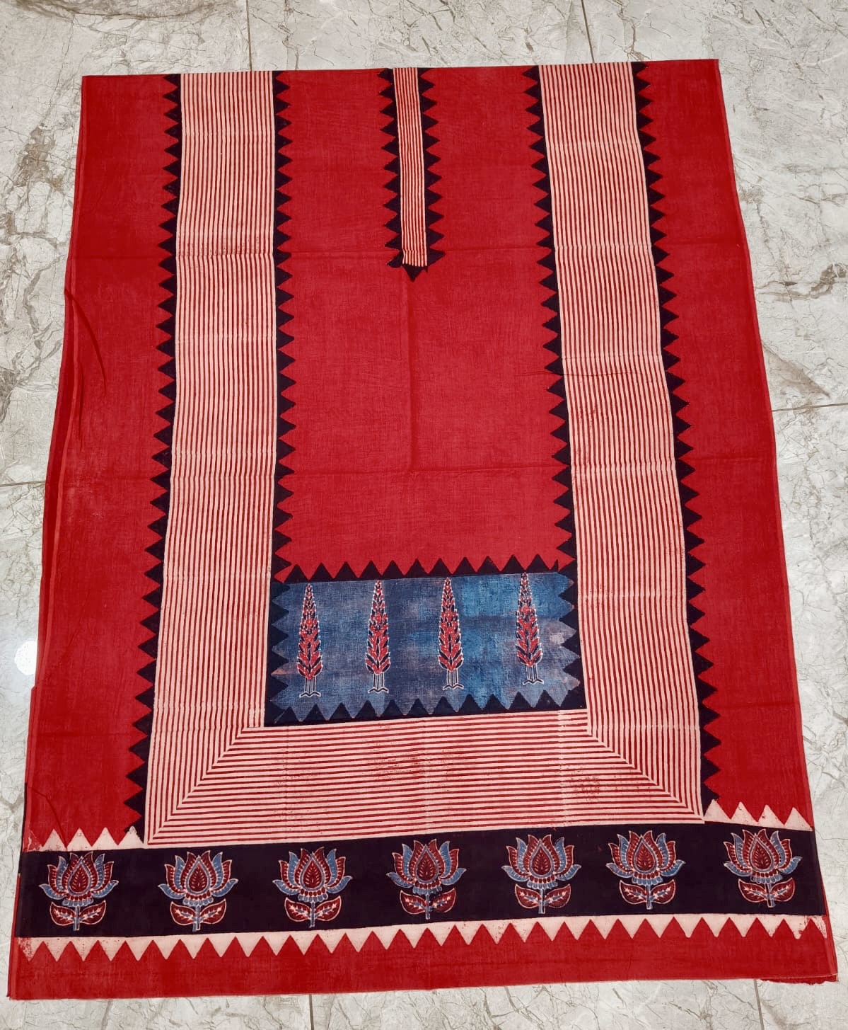 Red Stripes and Jharokha Motif Modal Silk Ajrakh Hand Block Print Designer Unstitched Fabric (Kurta Only)