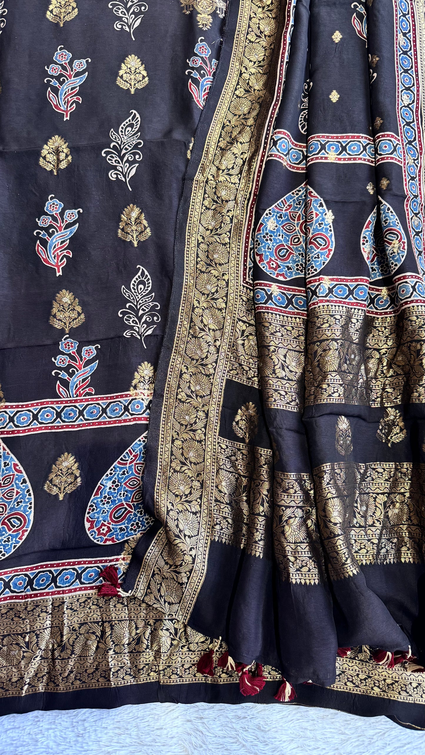 Magnetic Black Boota Pure Dola Silk Ajrakh Hand Block Print 2pc Suit Material Set with Zari Yoke and Nakkashi Dupatta