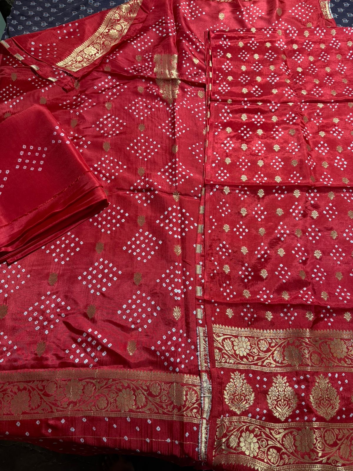 Raving Red Raidana Bandhej Pure Dola Silk Ajrakh Hand Block Print 3 pc Suit Material Set with Menakari Yoke and Nakkashi Dupatta and Bottom