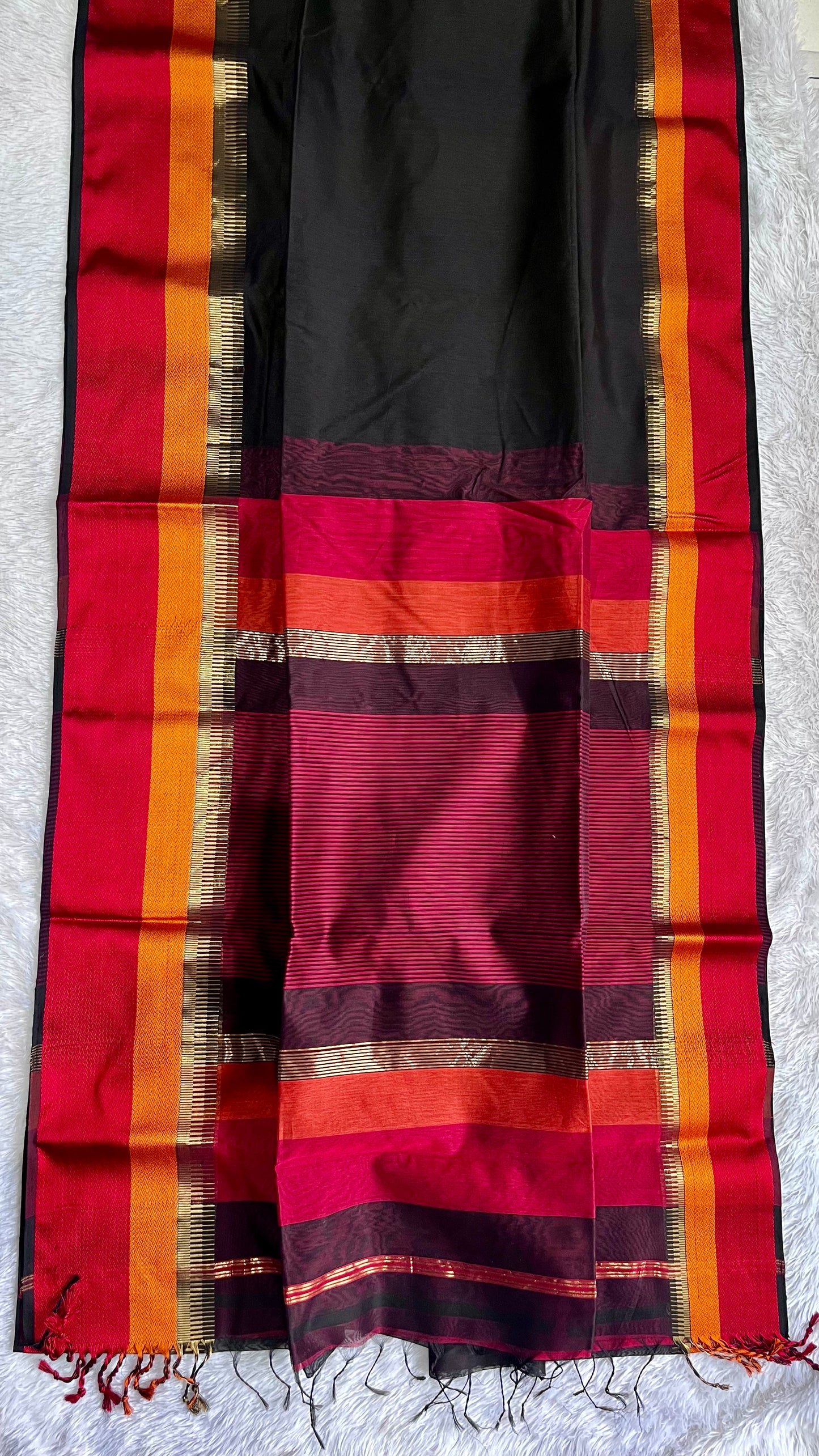 Black with Dazzling Red Zari Border Handwoven Maheshwari Silk Saree