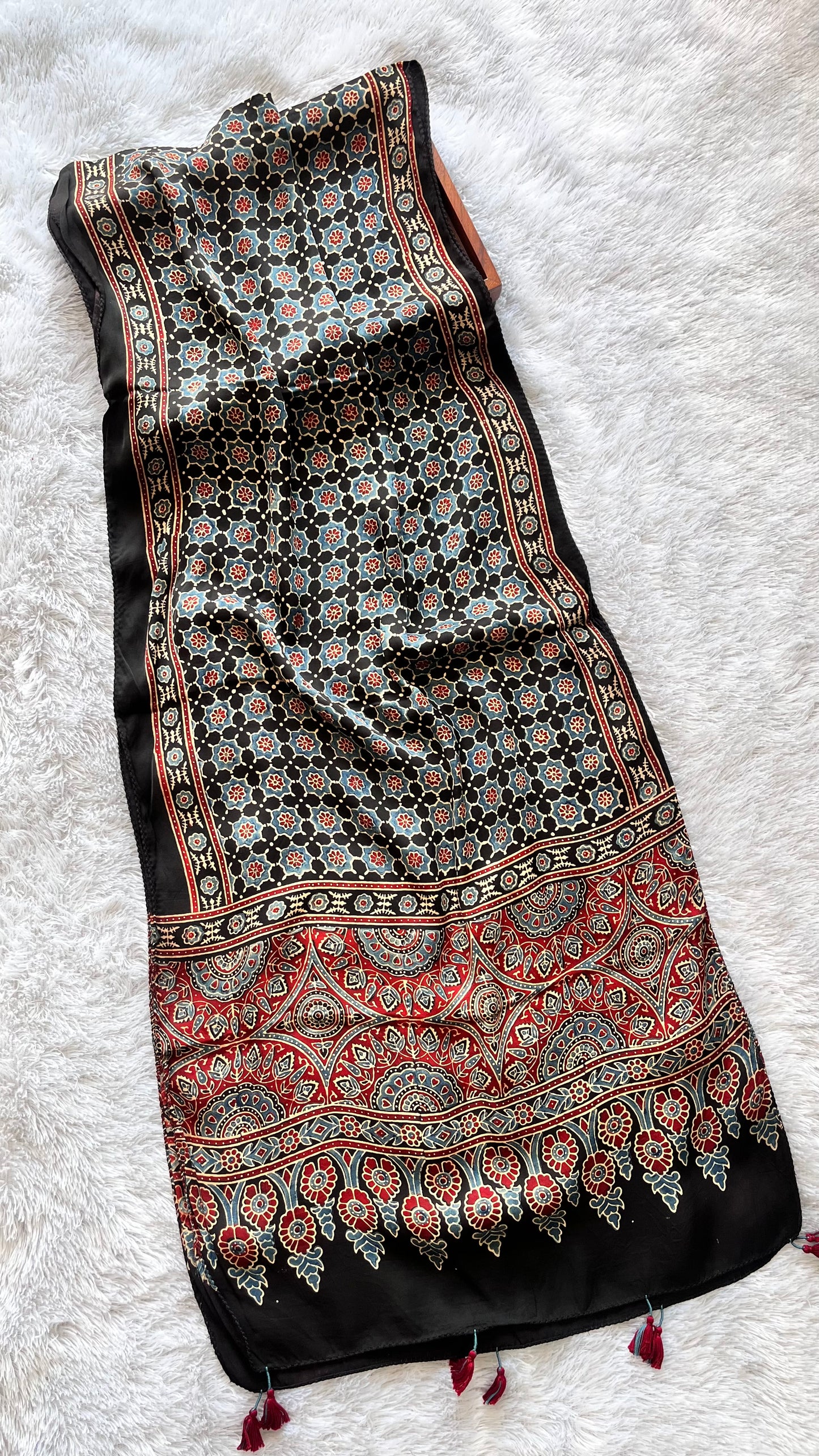 Black Small Booti Ajrakh Hand Block Print Modal Silk Stole with Tassels