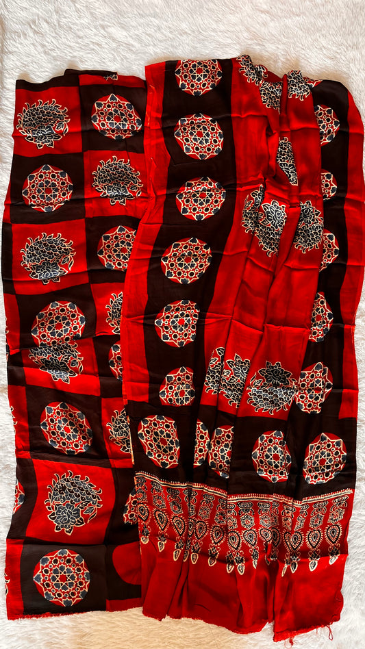 Deep Red Grid Print Ajrakh Motif Modal Silk 2pc Suit Set Material