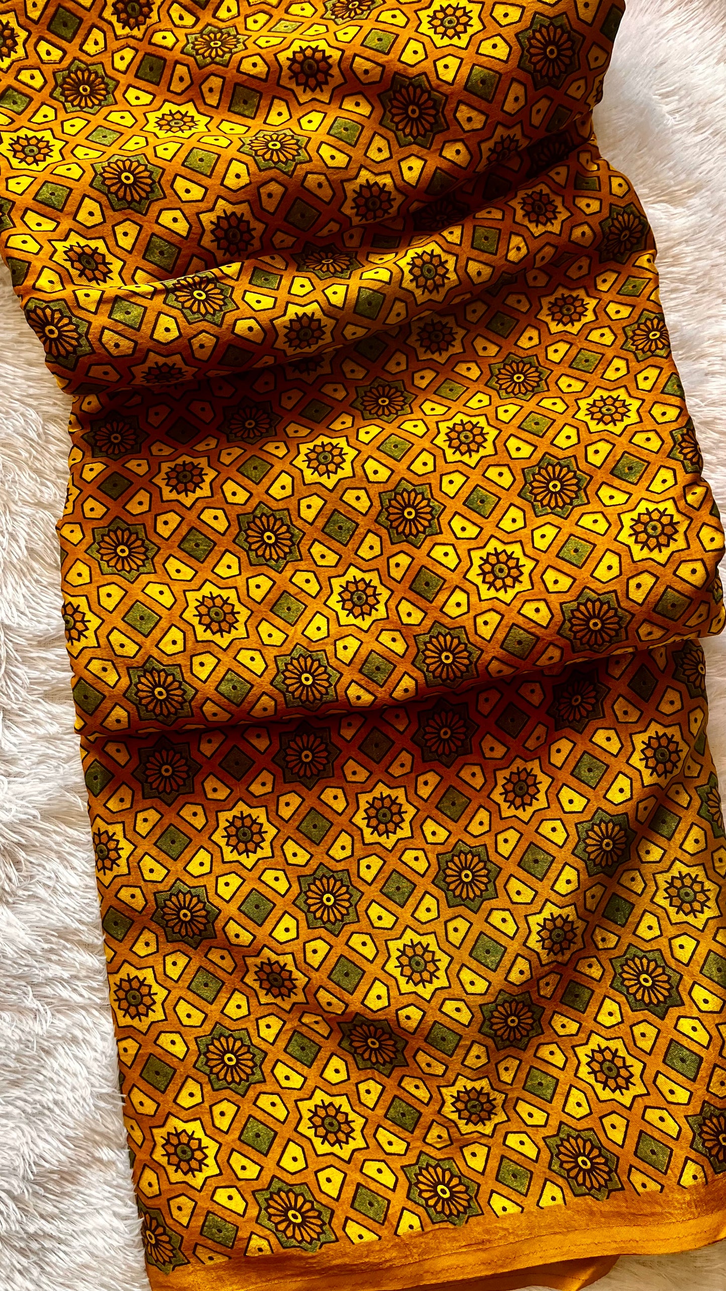Yellow Choti Jaali Buta Motif Ajrakh Mashru Silk Fabric