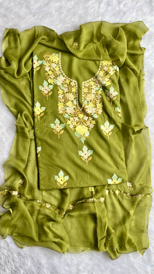 Mehendi Green Muslin Cotton Kashmiri Aari Full Embroidered 3pc Suit Set