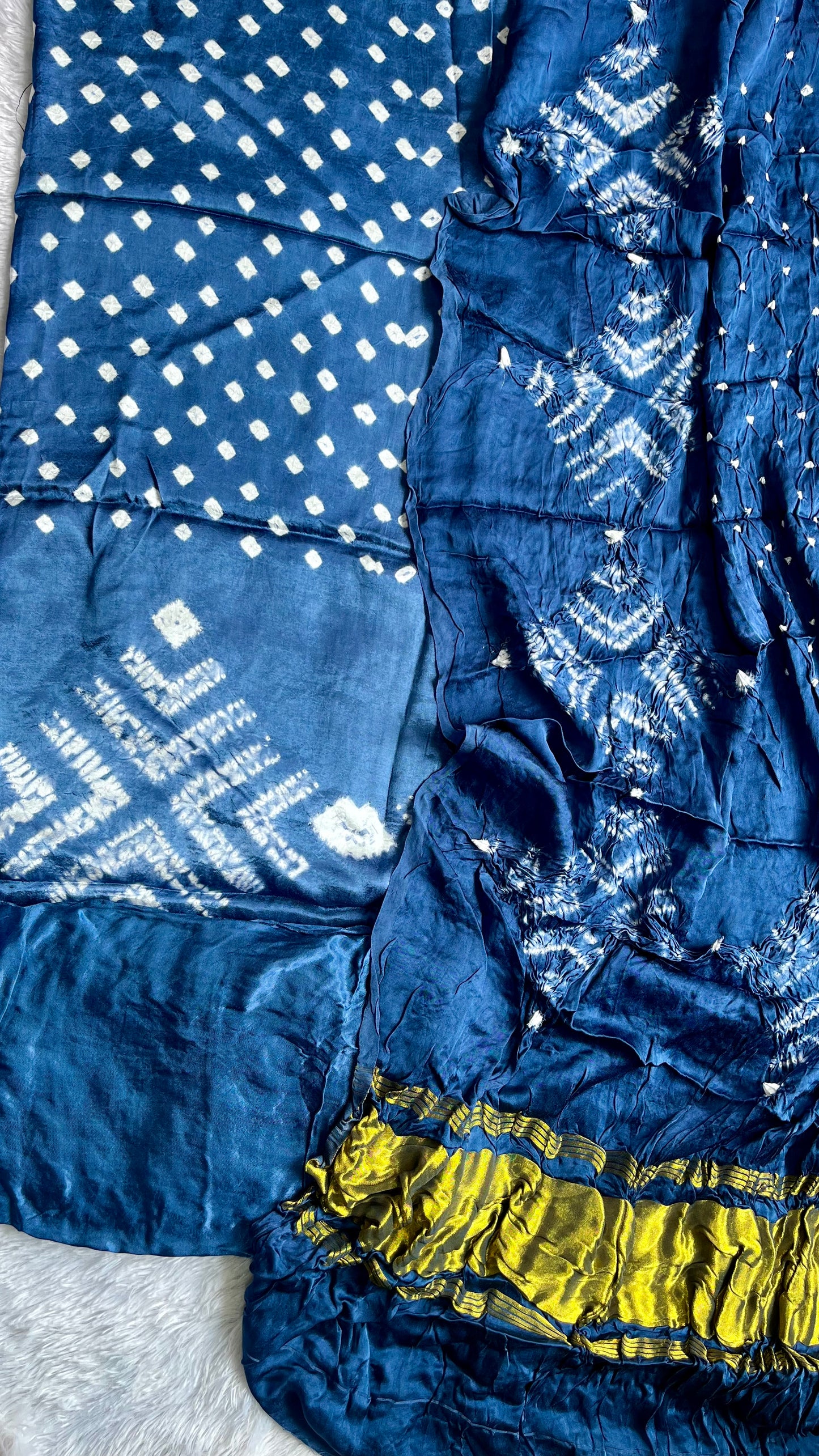 Ink Blue Bandhej Semi Modal Silk 3 pc Suit Set with Lagdi Patti Dupatta