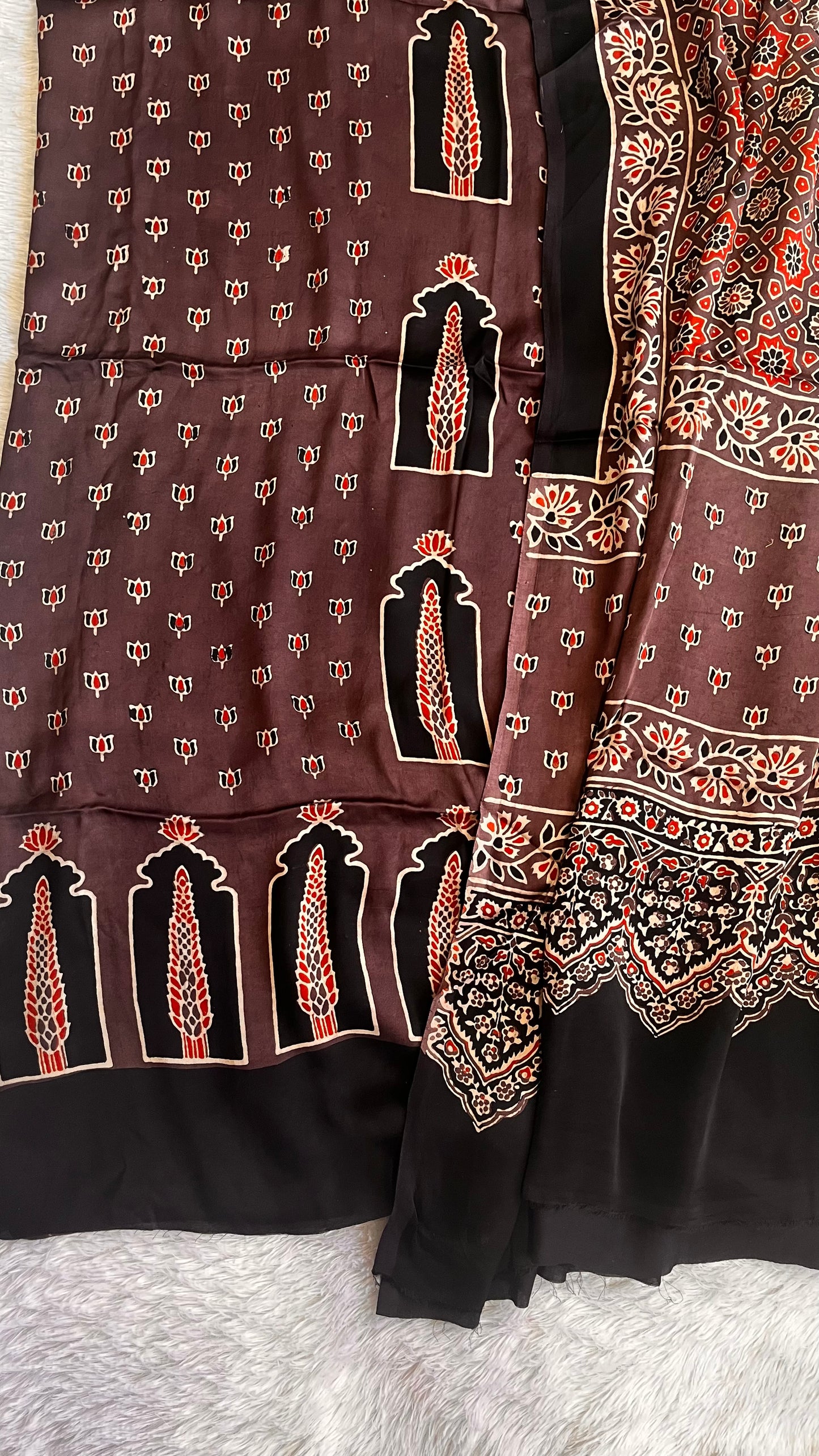 Rasin Shade Jharokha Motif Modal Silk Ajrakh Natural Dyed Hand Block Print 2pc Suit Material Set