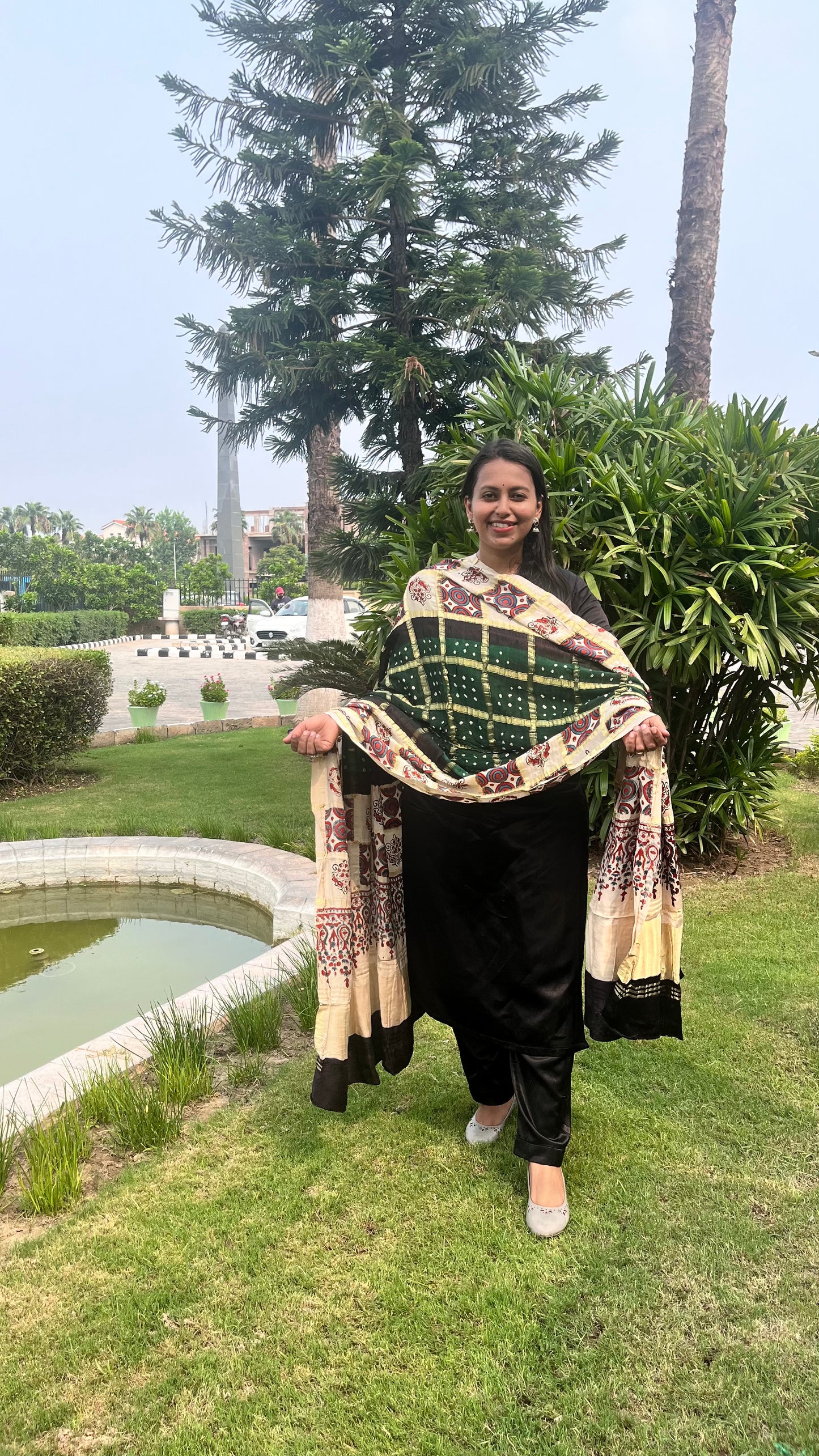 Bottle Green Gharchola Modal Silk Bandhani Ajrakh Dupatta with Lagdi Patti