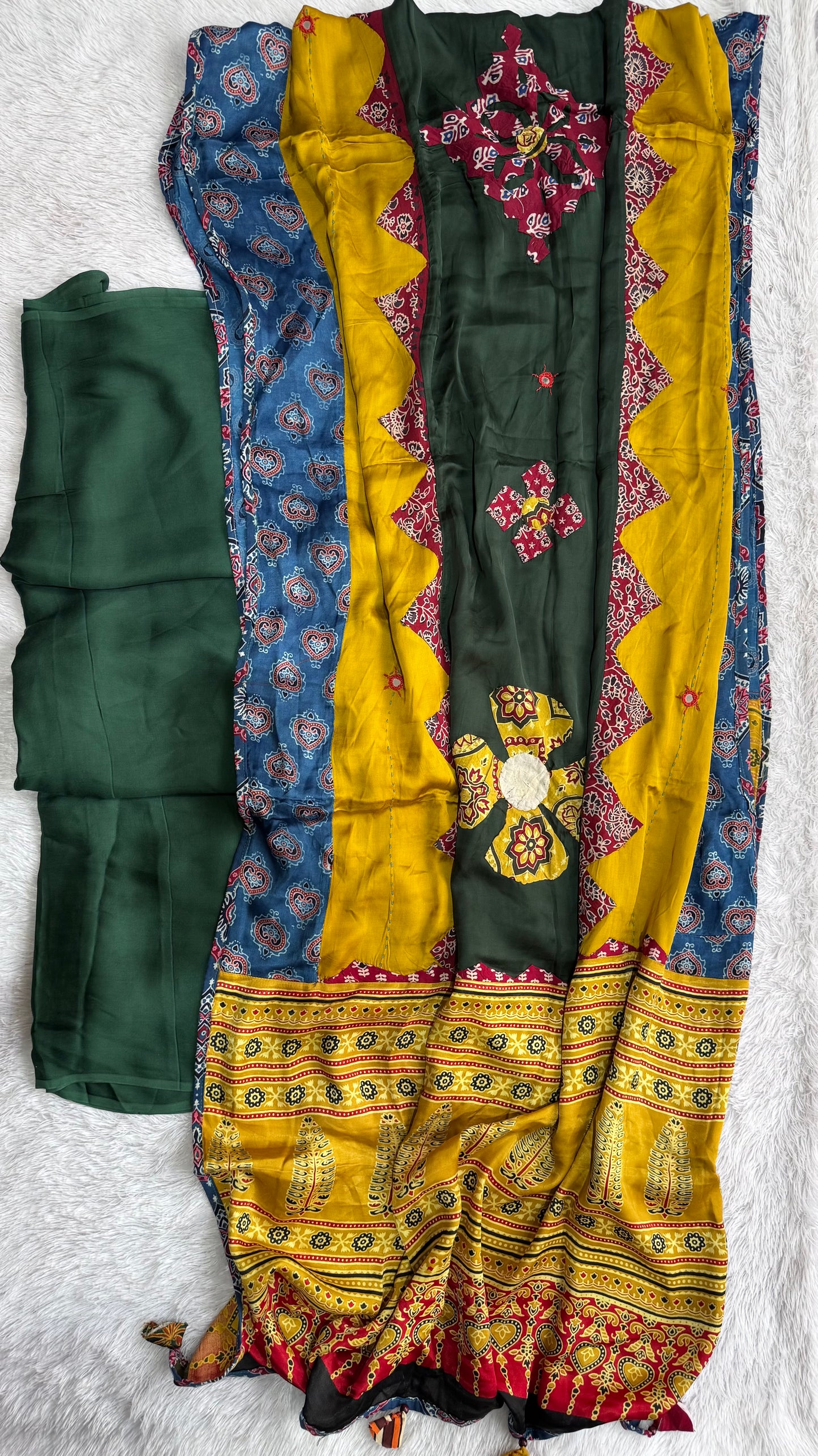 Green Solid Shade Modal Silk 2pc Suit Material Set with Ajrakh Modal Silk Dupatta with Applique and Mirror Work
