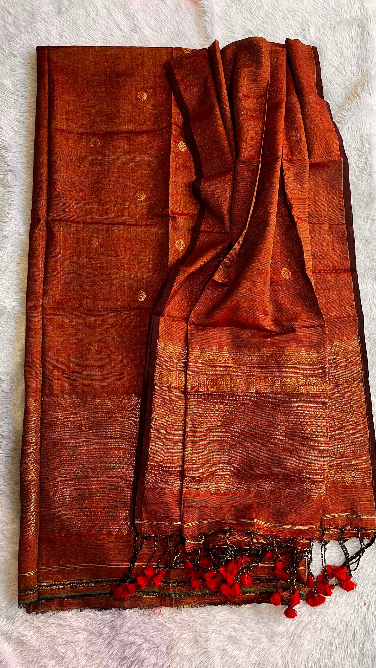 Burnt Orange Unstitched Pure Linen with Tissue Woven daman 2 pc Suit Set