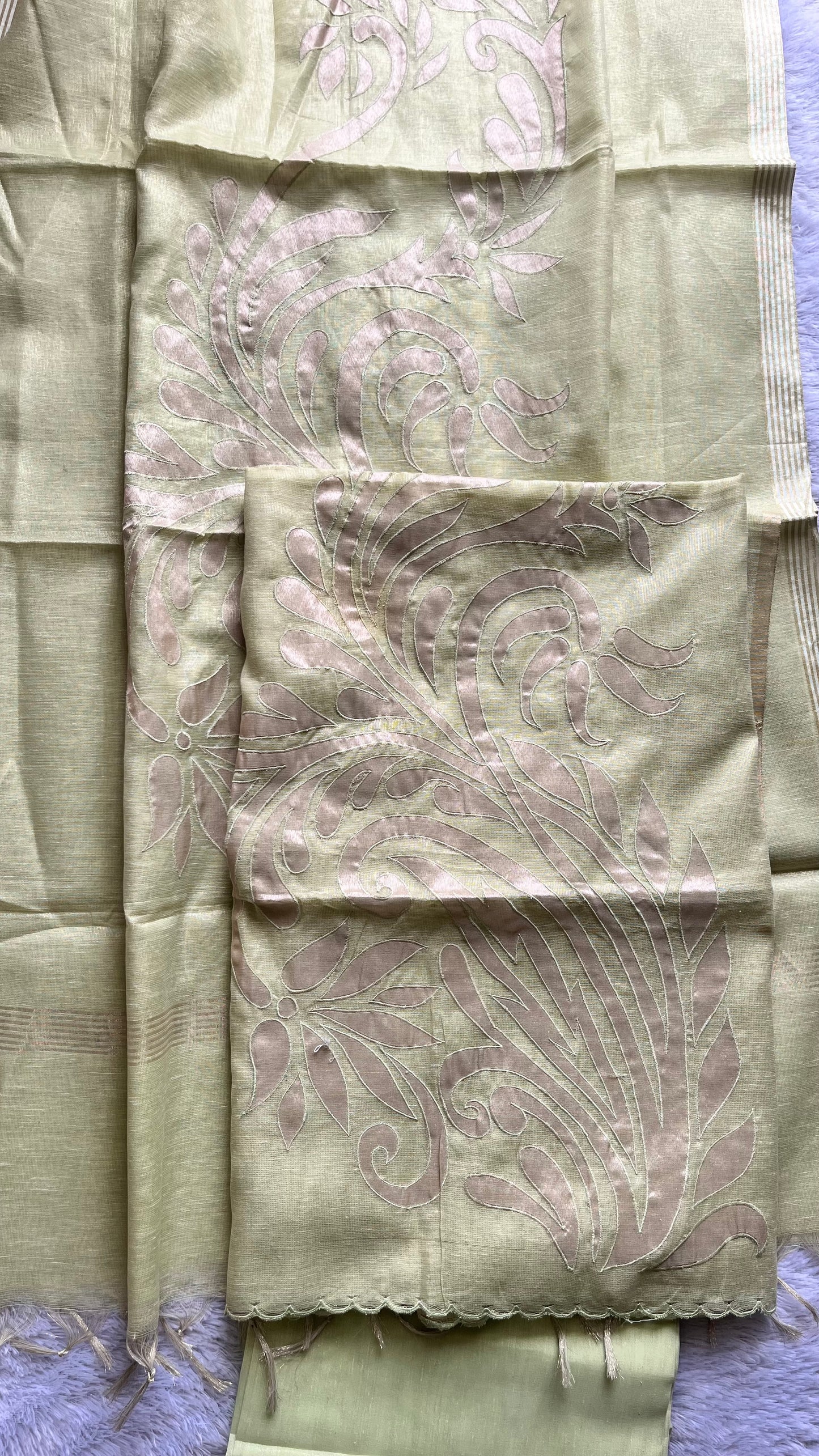 Green Shade Banarasi Tissue Linen 3-Piece Suit with All over Applique Work on Daman and Dupatta