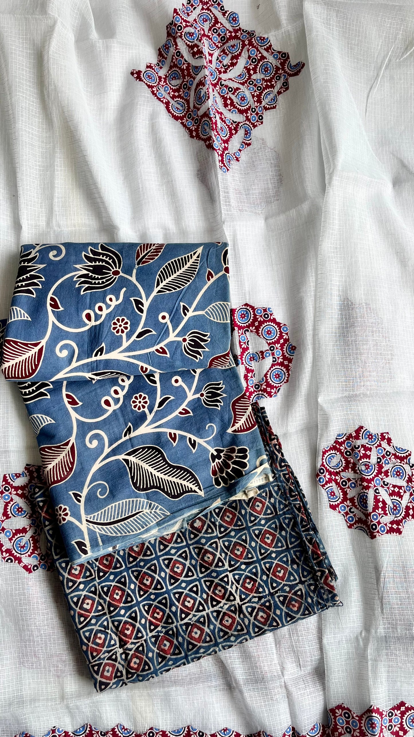 Blue Badaam Buti Pure Cotton Ajrakh Unstitched Suit Set with Ajrakh Applique Kota Dupatta