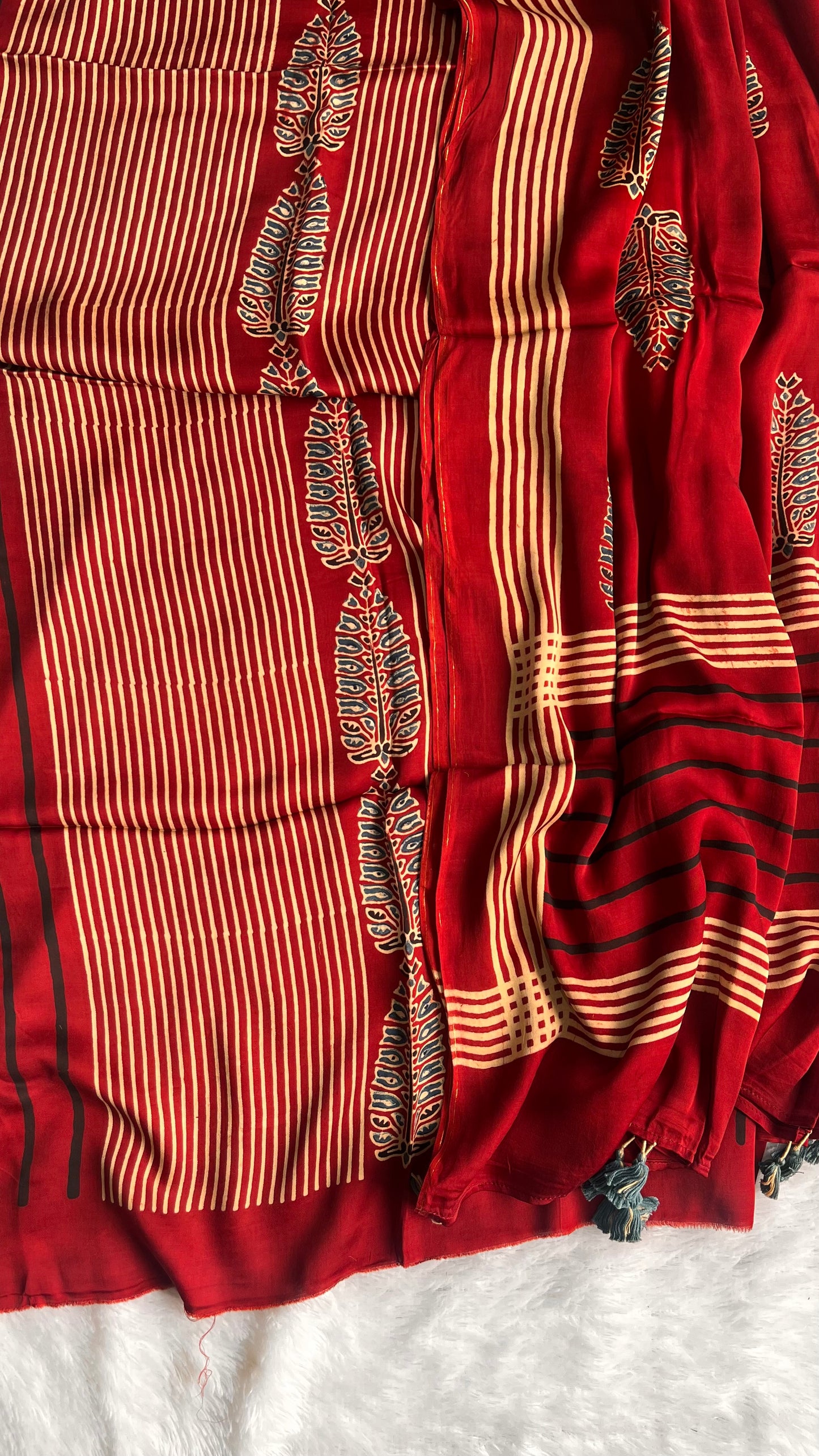 Deep Red Dhaari and Asopallav Buta Print Modal Silk Ajrakh Natural Dyed Hand Block Print 2pc Suit Material Set