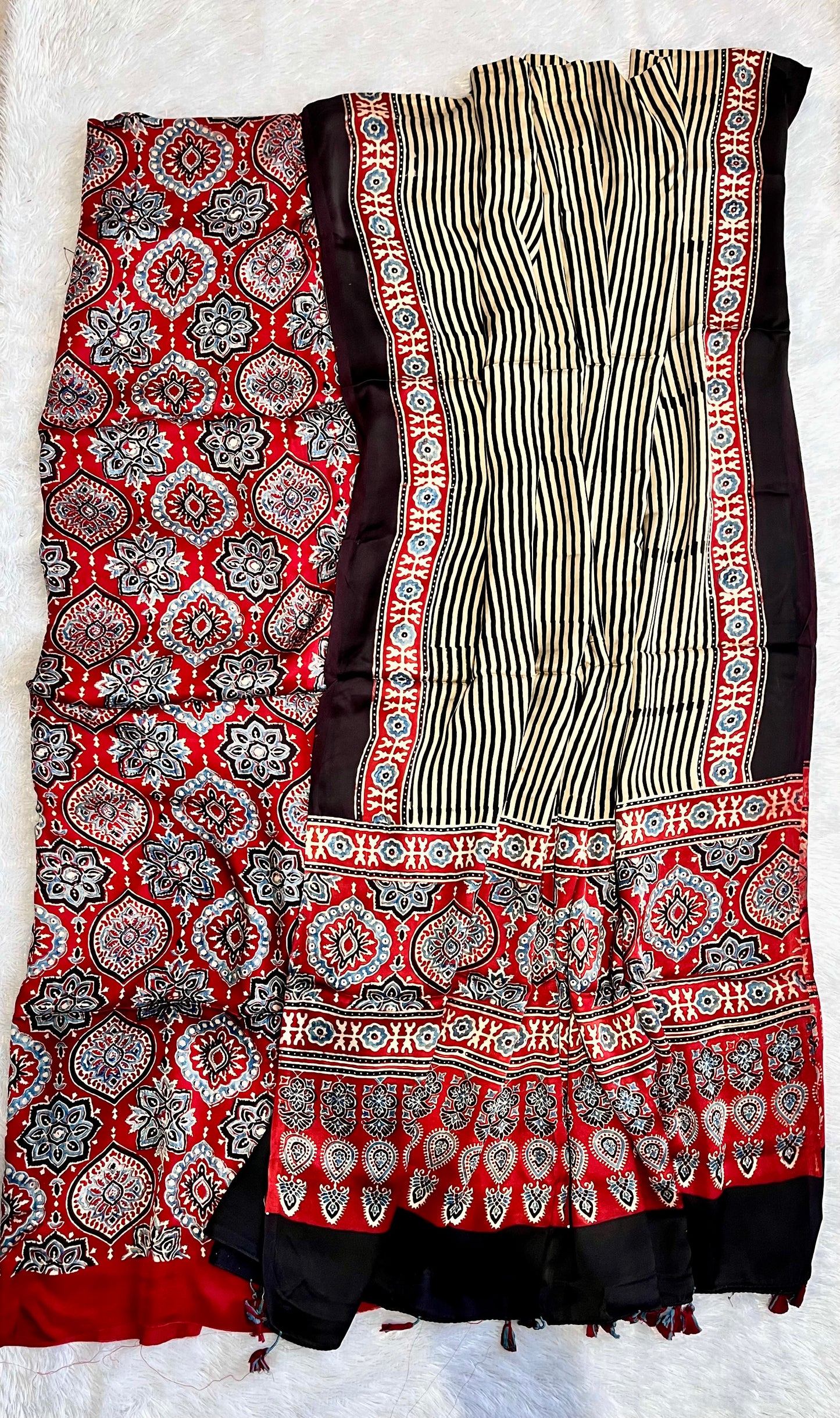 Maddar Red Badaam Buta and Dhaari Natural Print Modal Silk Hand Block Print 2pc Suit Material