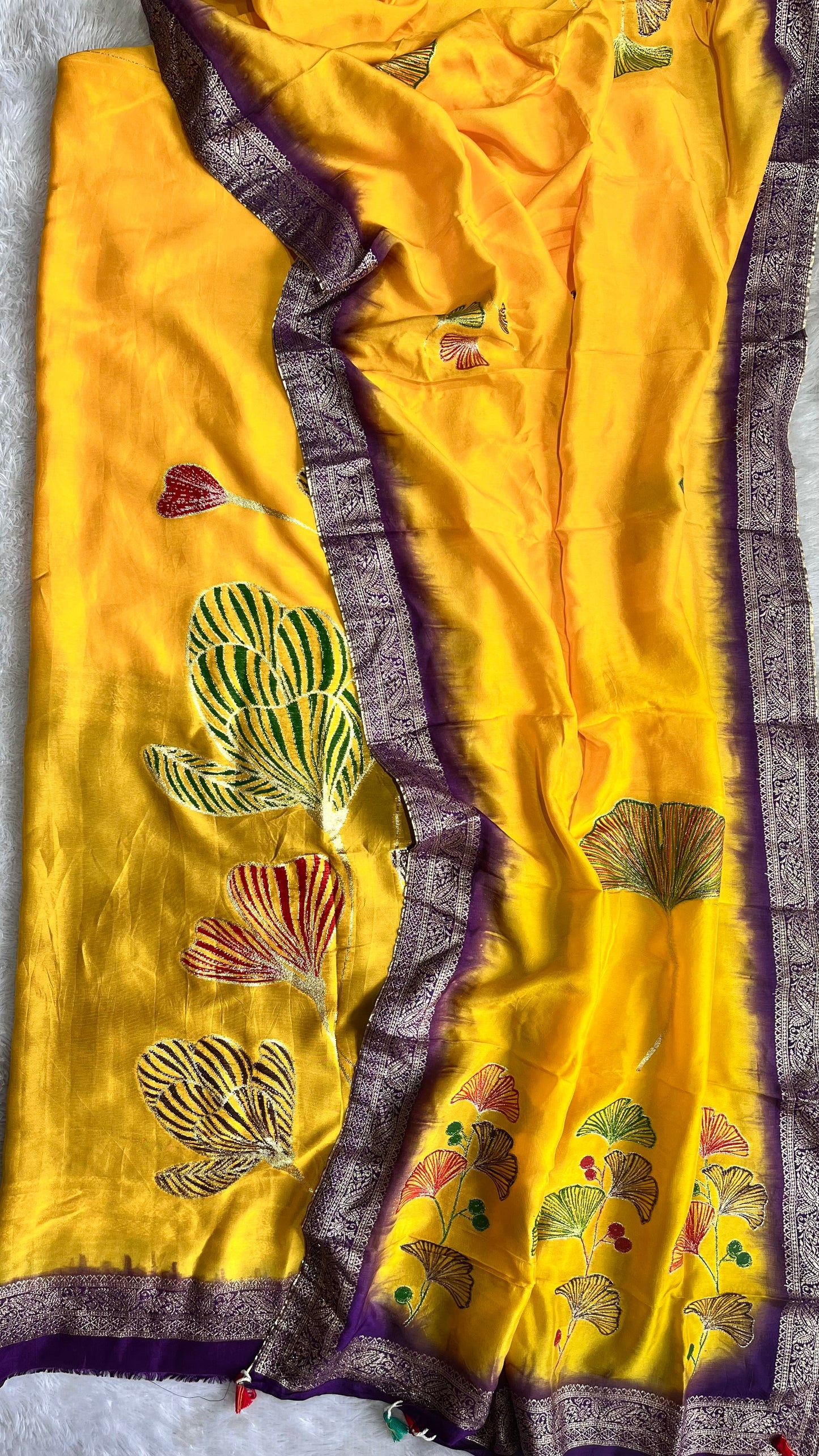 Mesmerising Yellow Dola Silk Hand Brush Print 2pc Suit Material Set with Zari Pallu and Full Finish with Tassels