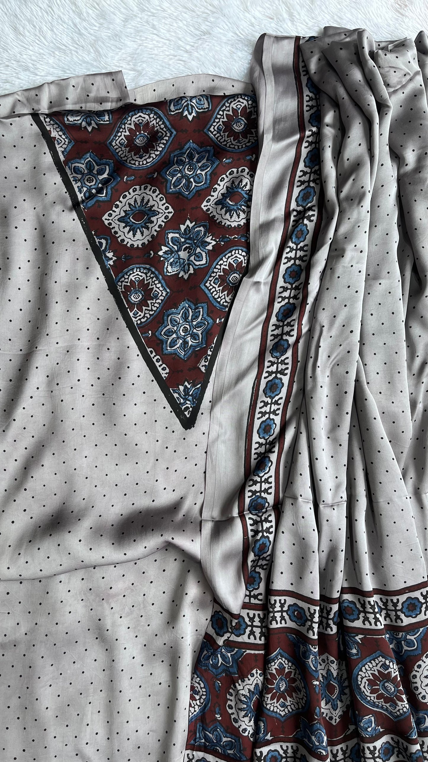 Steel Grey Shade Polka and Buti Motif Modal Silk Hand Block Print 2pc Suit Material Set