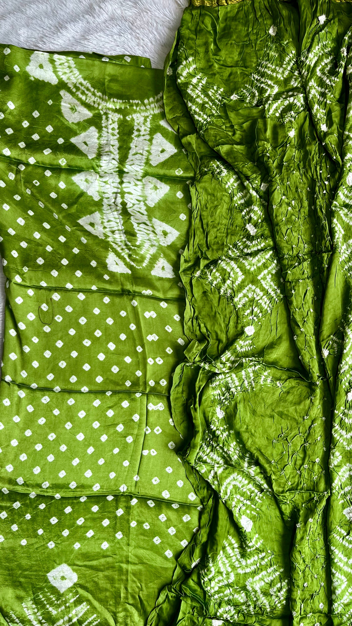 Kairi Green Bandhej Semi Modal Silk 3 pc Suit Set with Lagdi Patti Dupatta