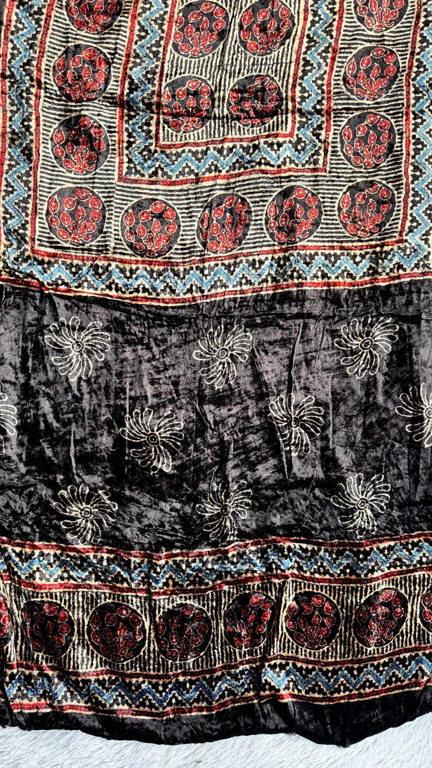 Black Buta Velvet Fabric Ajrakh Hand Block Print Designer Unstitched Fabric (Kurta Only)