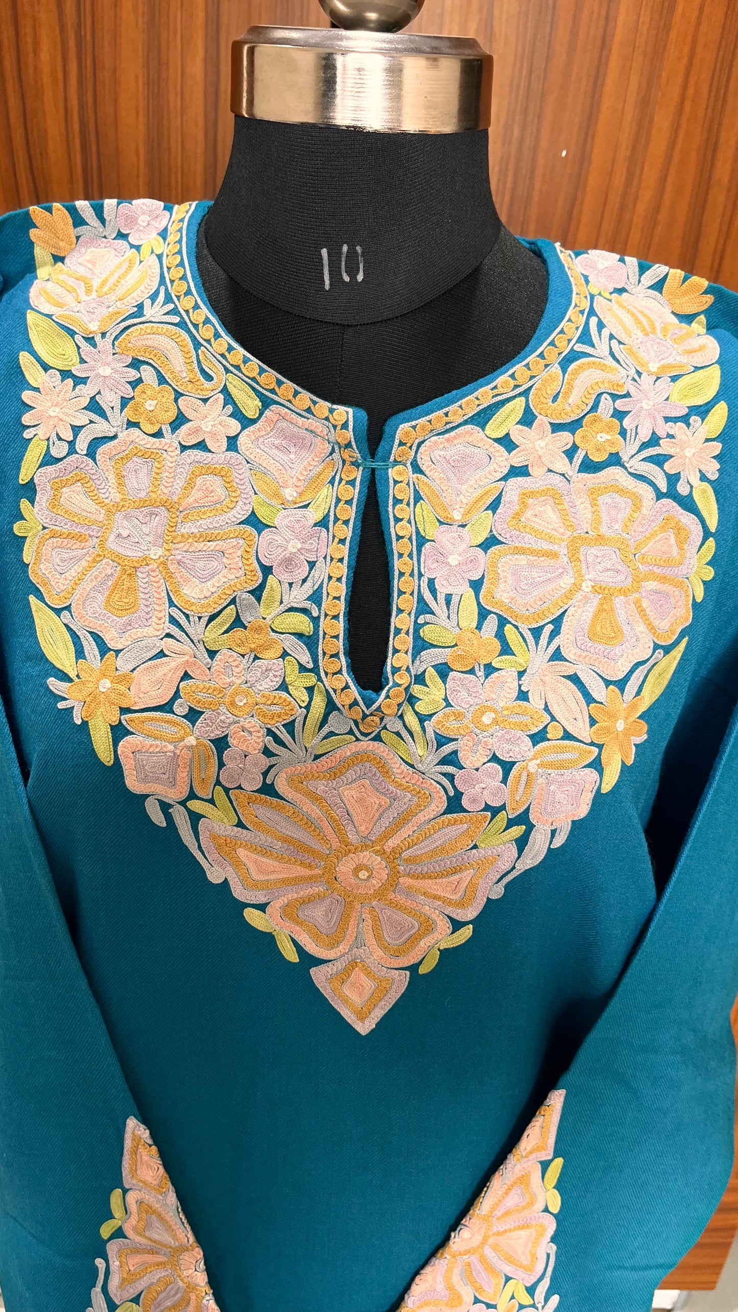 Deep Turquoise Aari Hand Embroidered Marino Wool Pheran with Pockets