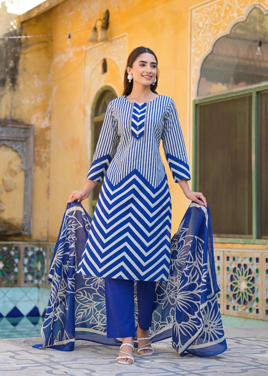 Ink Blue Geometric Print Pure Cotton Suit Set with Cotton Dupatta