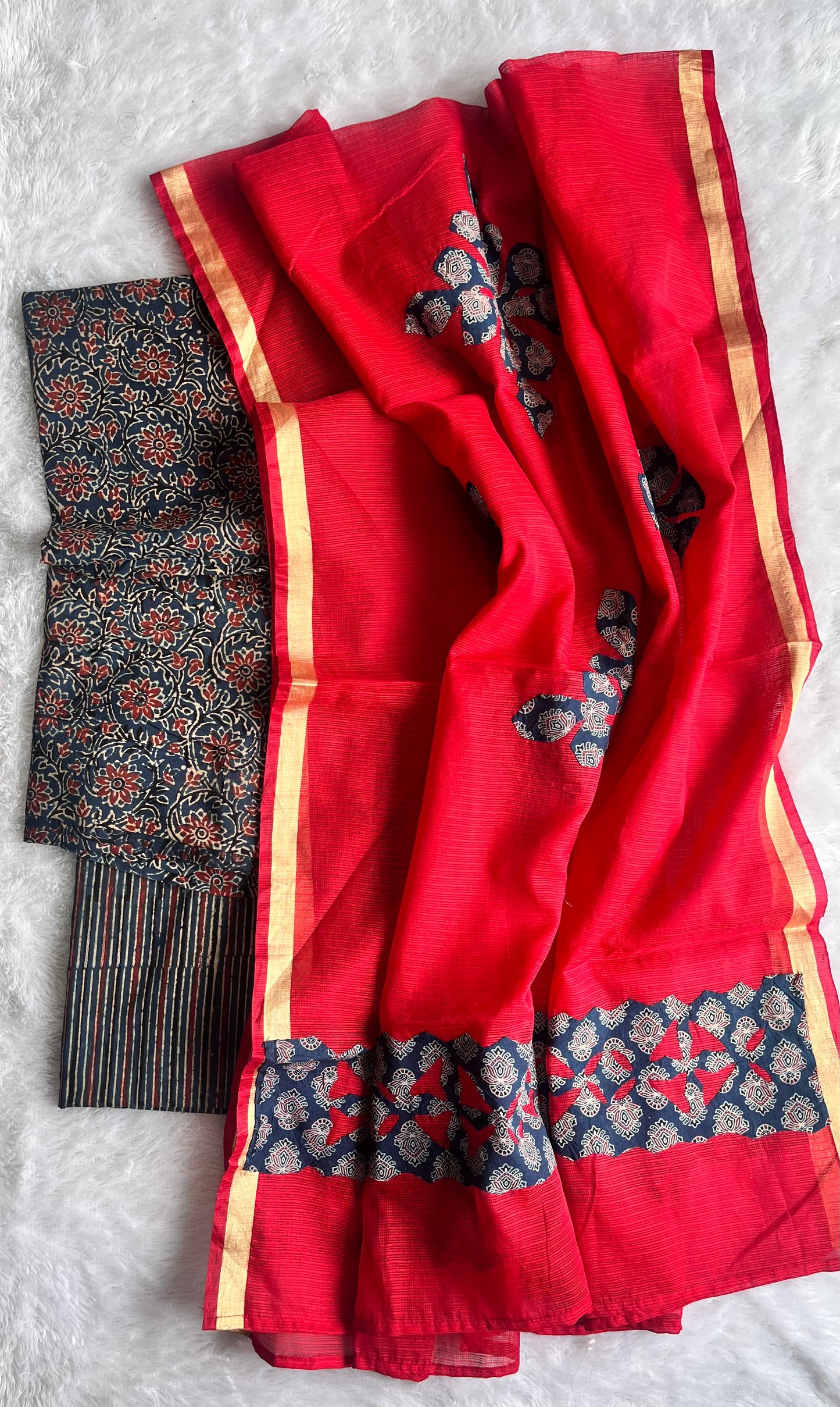 Blue and Red Pure Cotton Ajrakh Unstitched Suit Set with Ajrakh Applique Kota Dupatta