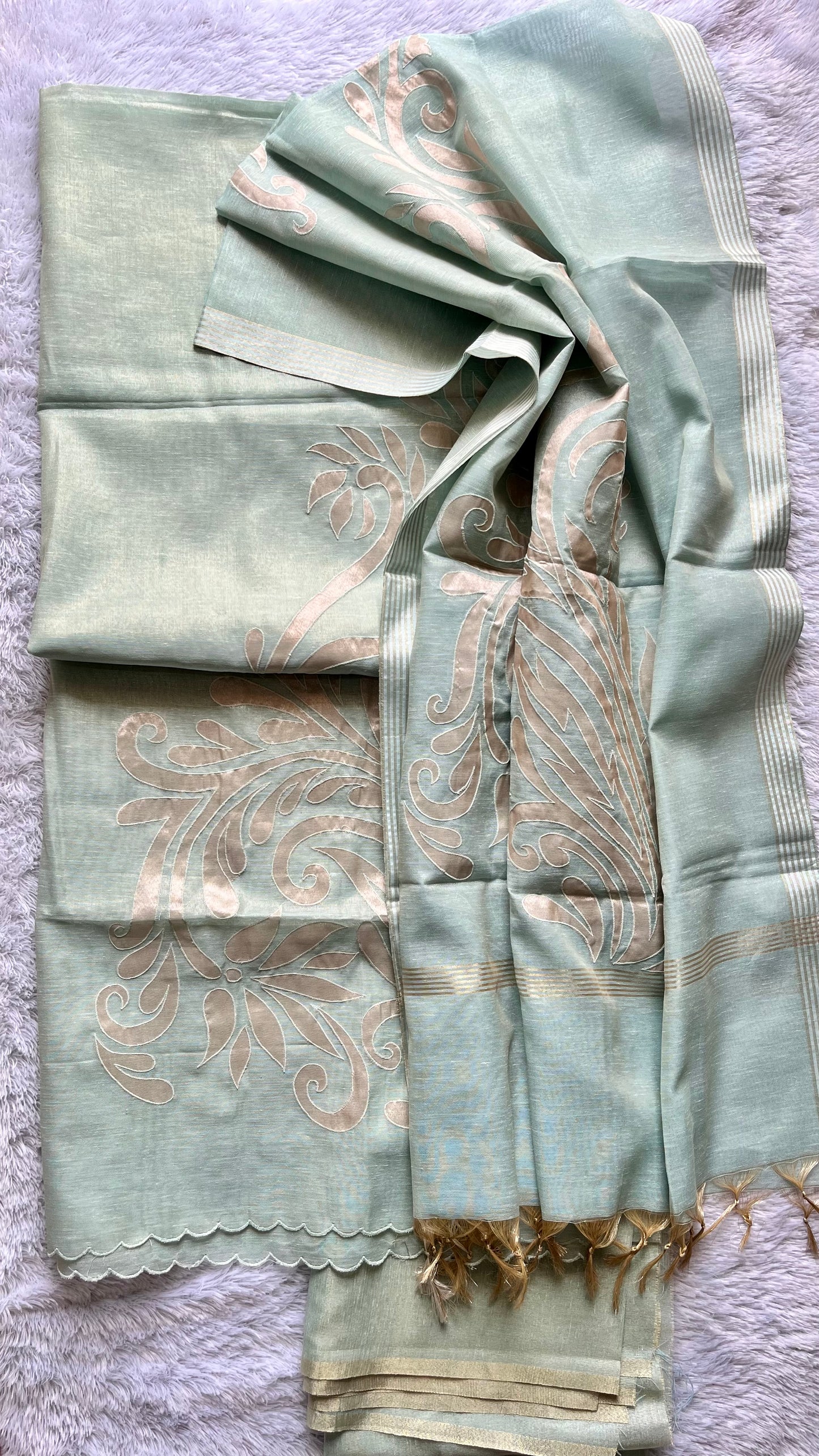 Aqua Blue Shade Banarasi Tissue Linen 3-Piece Suit with All over Applique Work on Daman and Dupatta