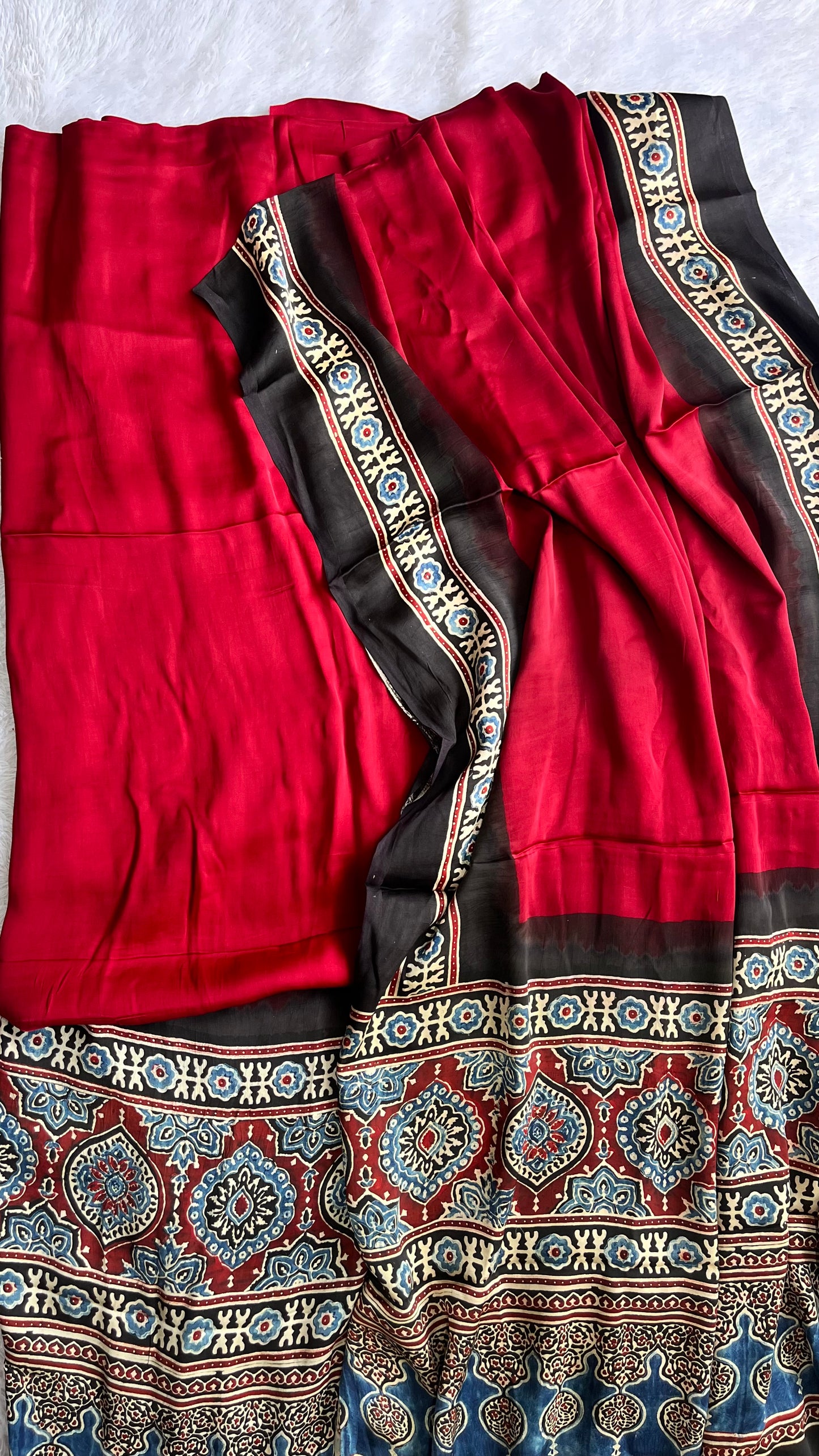 Ravishing Red Badaam Buta Print Modal Silk Ajrakh Natural Dyed Hand Block Print 2pc Suit Material Set
