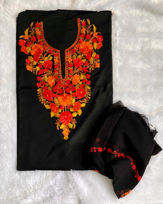 Midnight Black Muslin Cotton Kashmiri Aari Embroidered 3pc Suit Set