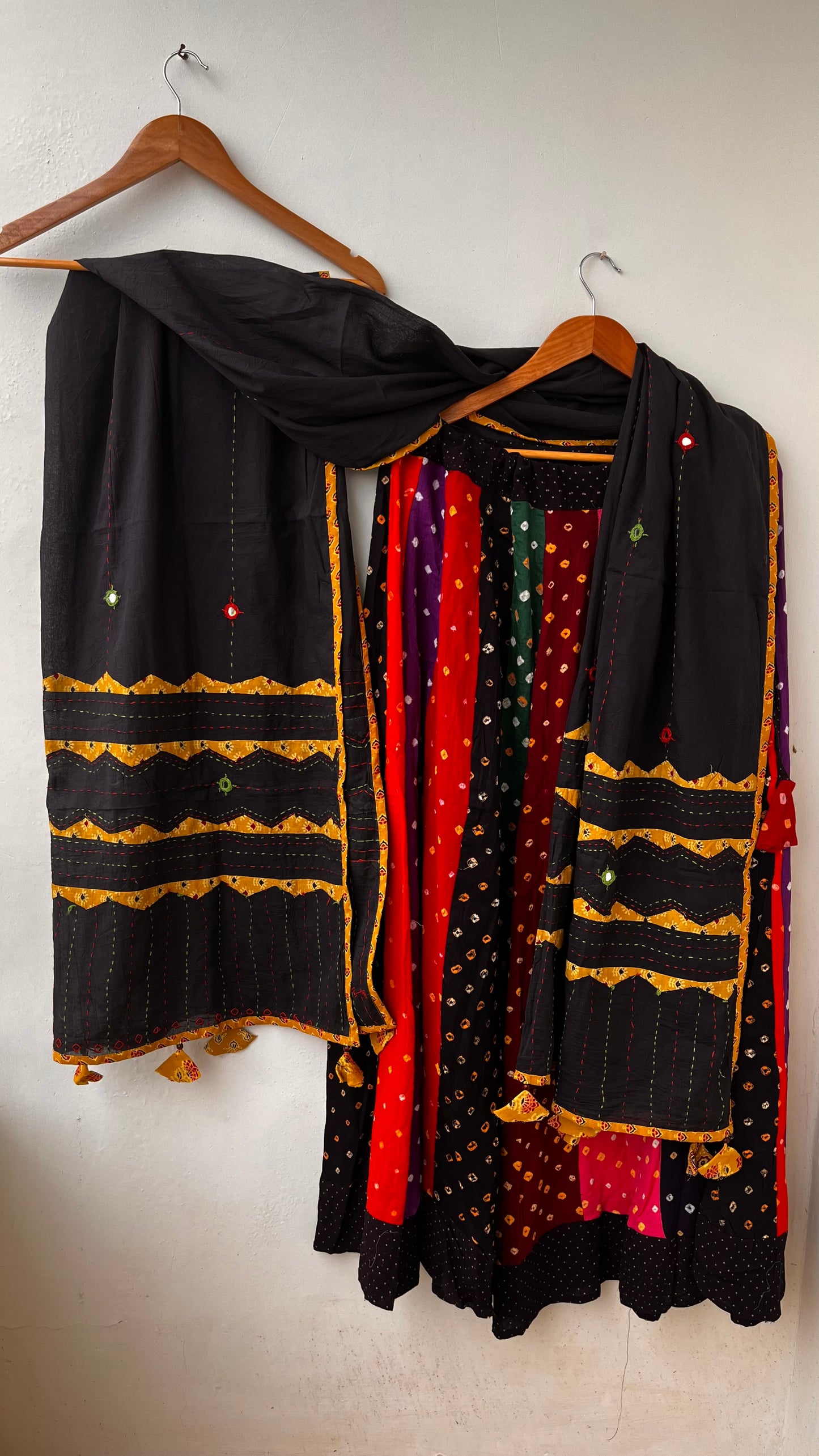 Multicolour Gherdaar Kali Cotton Long Flared Skirt with Black Applique Patchwork Dupatta