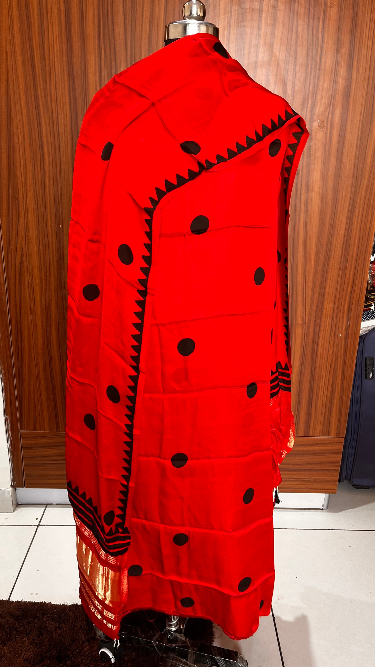 Red Alert Polka Motif Pure Modal Silk 2pc Suit Set with Lagdi Patti Dupatta