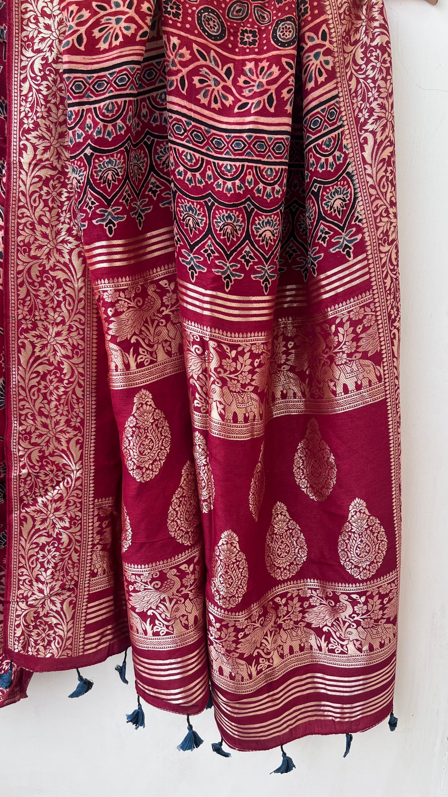 Brick Red Kamal Buta Motif Ajrakh Hand Block Dola Silk Saree with Zari Pallu (With Blouse)